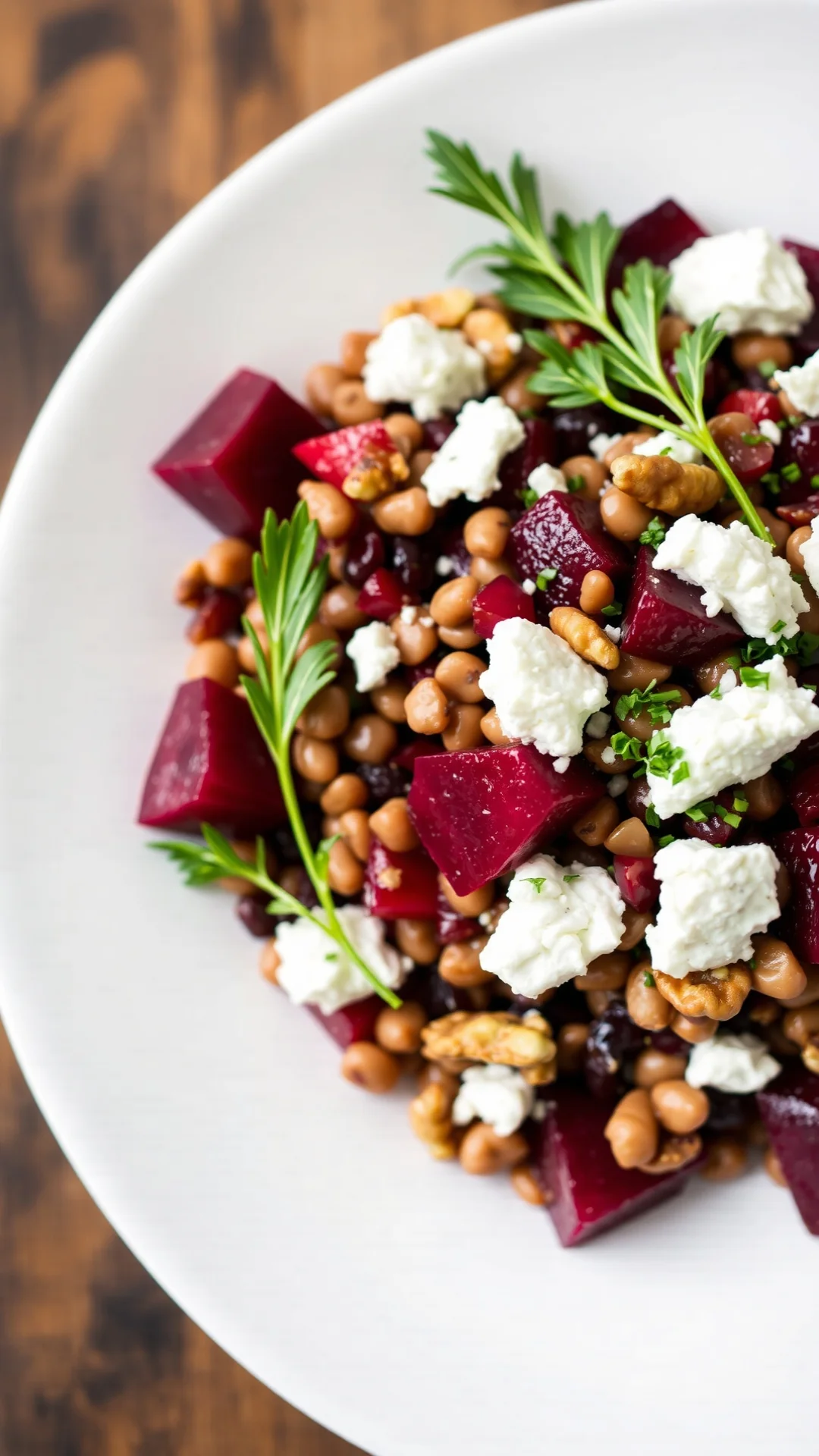Close-up portrait of a warm lentil salad with vibrant red beets, crumbled white feta, walnut halves, fresh herbs, white plate