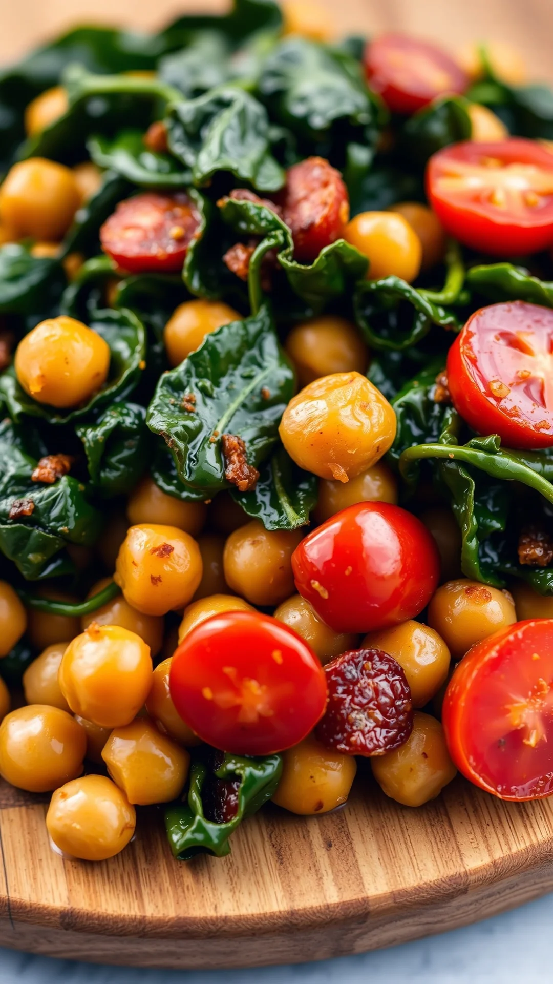 Close-up portrait of a warm Spanish salad with golden chickpeas, wilted spinach, sliced chorizo and cherry tomatoes, smoked p