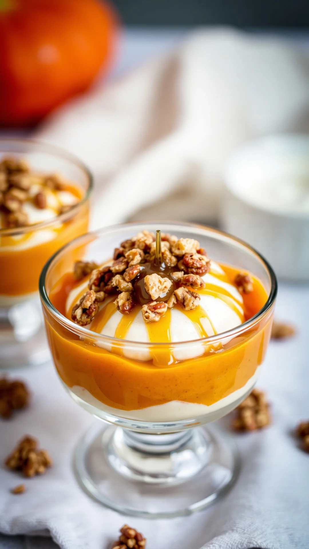 Close-up portrait of an elegant pumpkin and mascarpone dessert verrine topped with crushed walnuts and honey drizzle, glass c