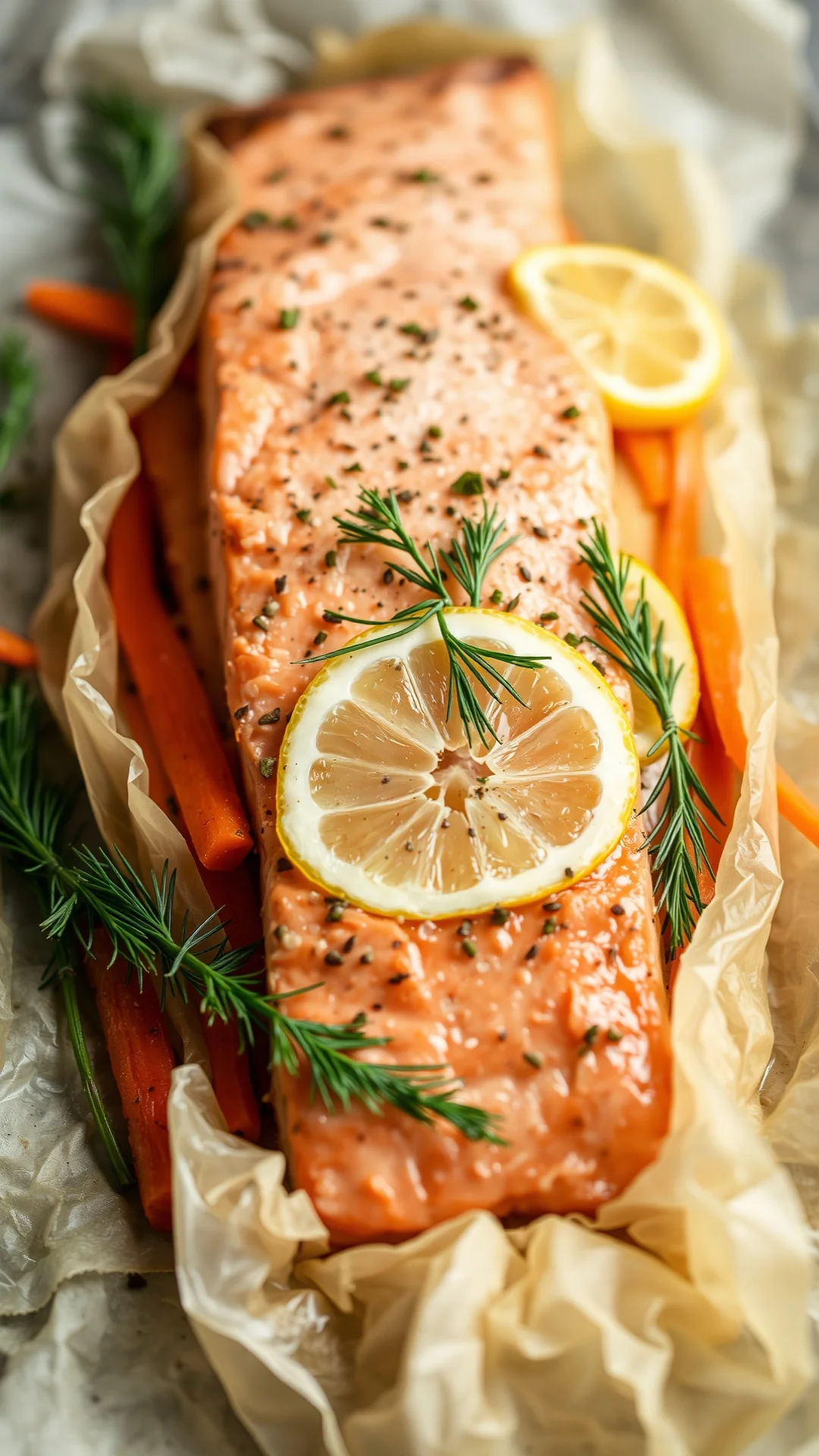 Close-up portrait of an open salmon papillote with julienned carrots, leeks, lemon slices and fresh dill, steaming on parchme