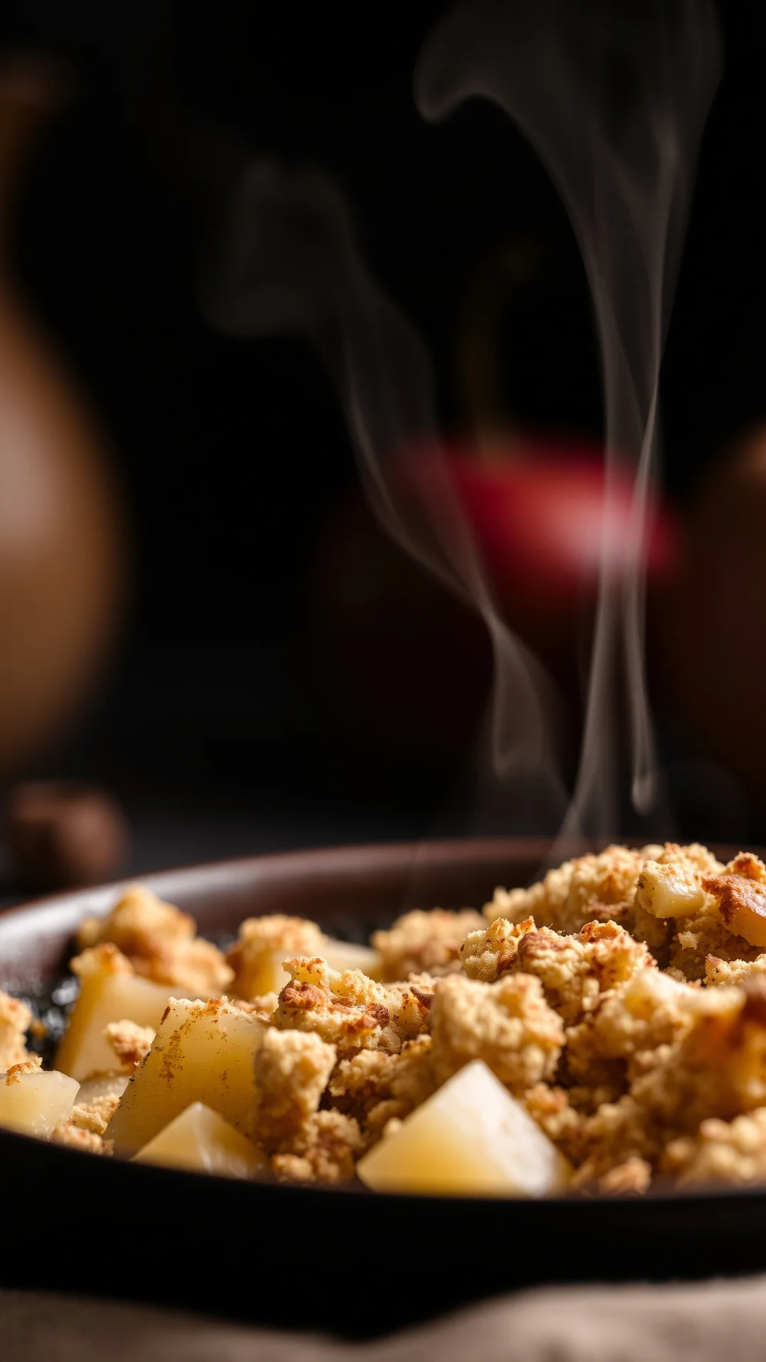 Close-up portrait of apple and hazelnut crumble in a ceramic dish, golden crumbly topping with cinnamon, autumn mood, steam r