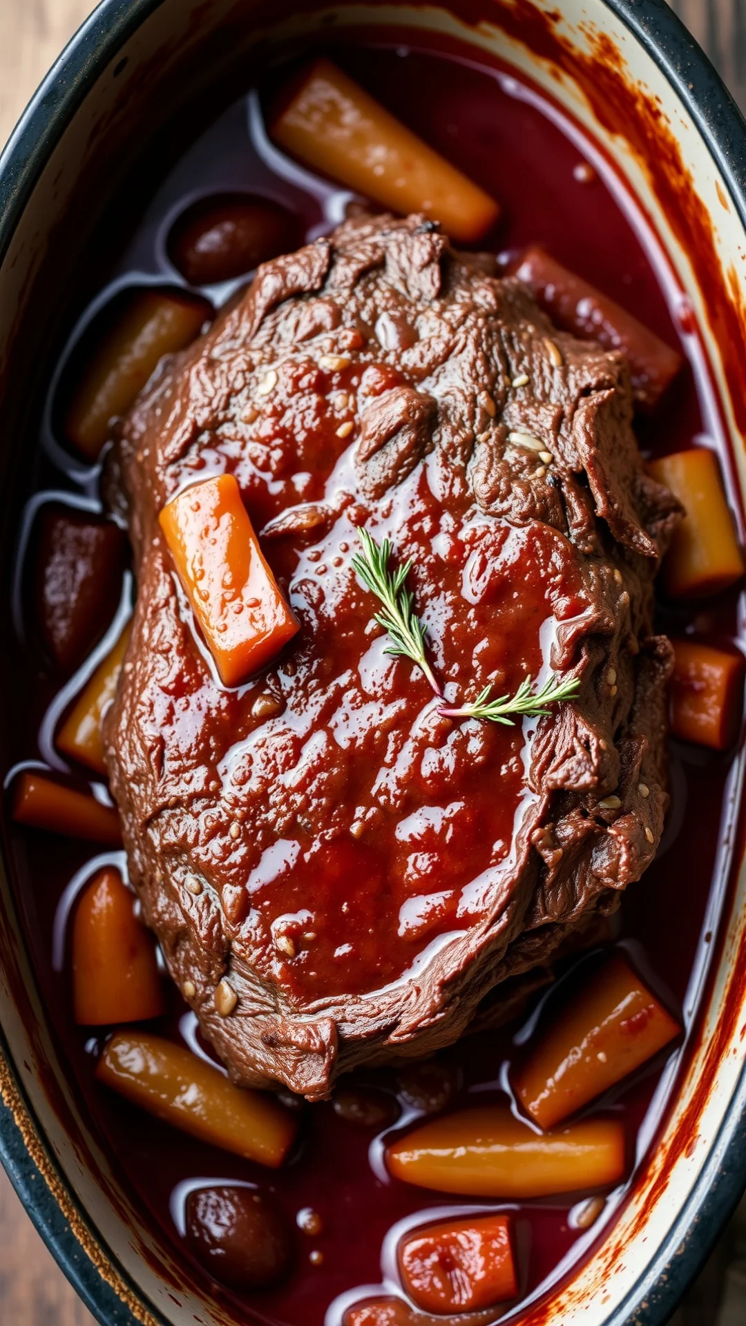 Close-up portrait of braised beef rib with root vegetables in rich red wine sauce, cast iron pot, rustic winter comfort food,