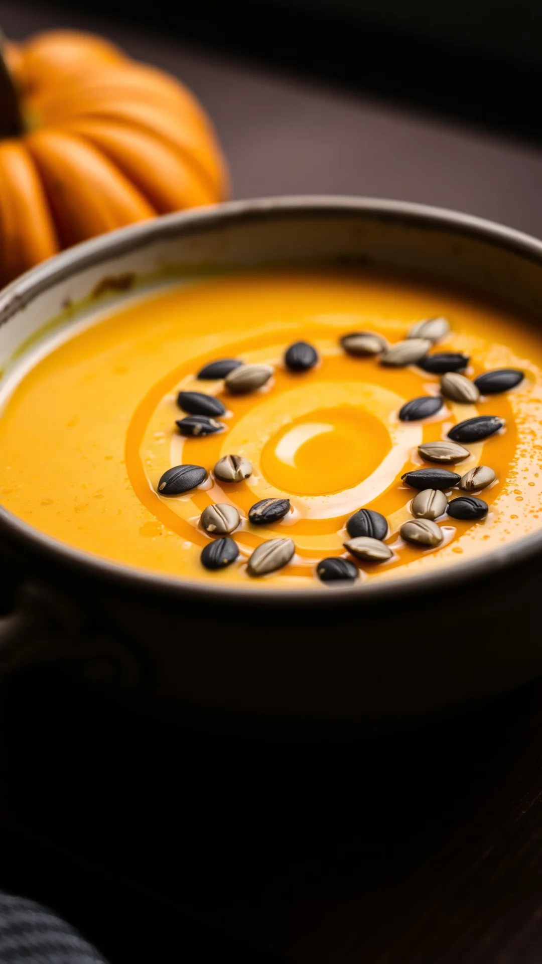 Close-up portrait of butternut squash velouté in a rustic ceramic bowl, golden orange color, hazelnut oil drizzle, toasted p