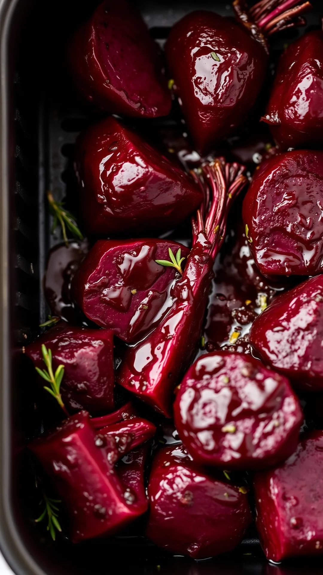 Close-up portrait of caramelized roasted beets with thyme and balsamic glaze in air fryer tray, deep ruby color, rustic fall