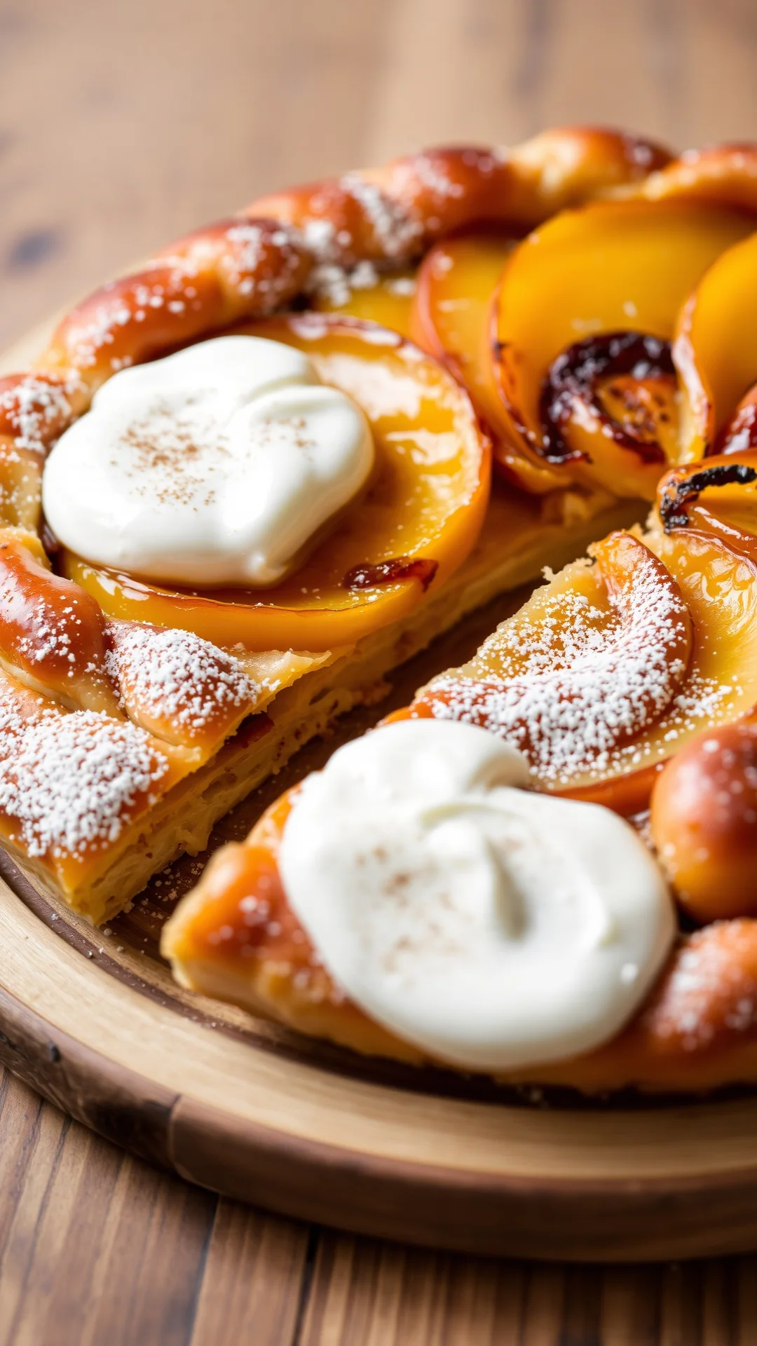 Close-up portrait of classic French tarte tatin with caramelized golden apple quarters, flaky puff pastry, cinnamon dusting,