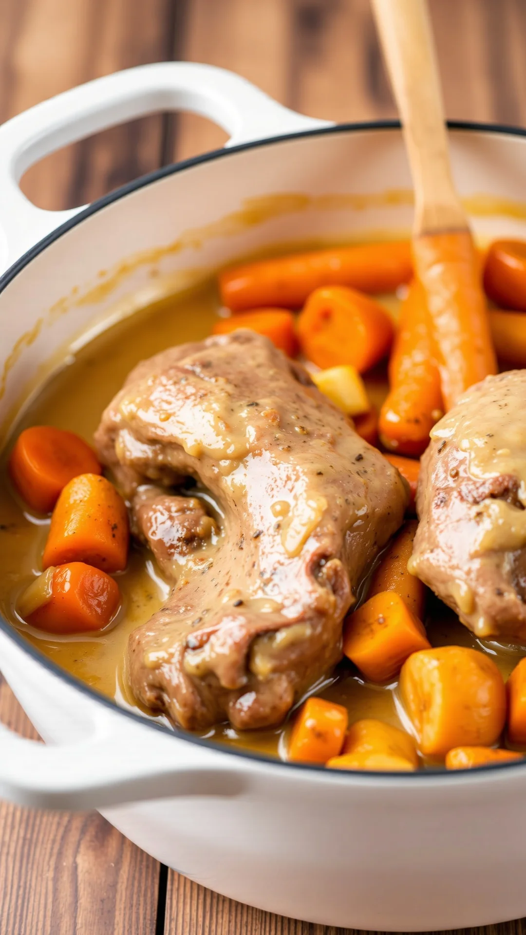 Close-up portrait of classic French veal blanquette with autumn vegetables in a white Dutch oven, creamy sauce, golden carrot