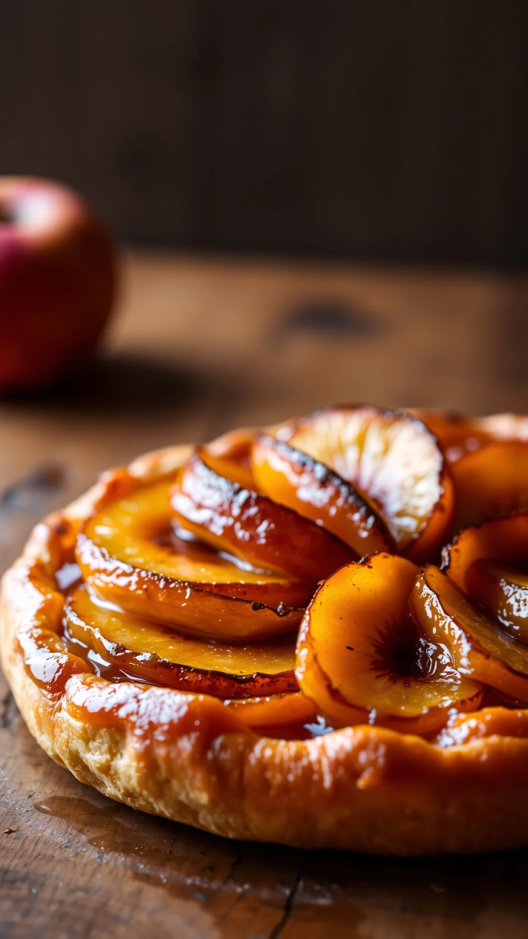 Close-up portrait of classic tarte Tatin with caramelized apple slices, golden amber caramel, flaky puff pastry, rustic woode