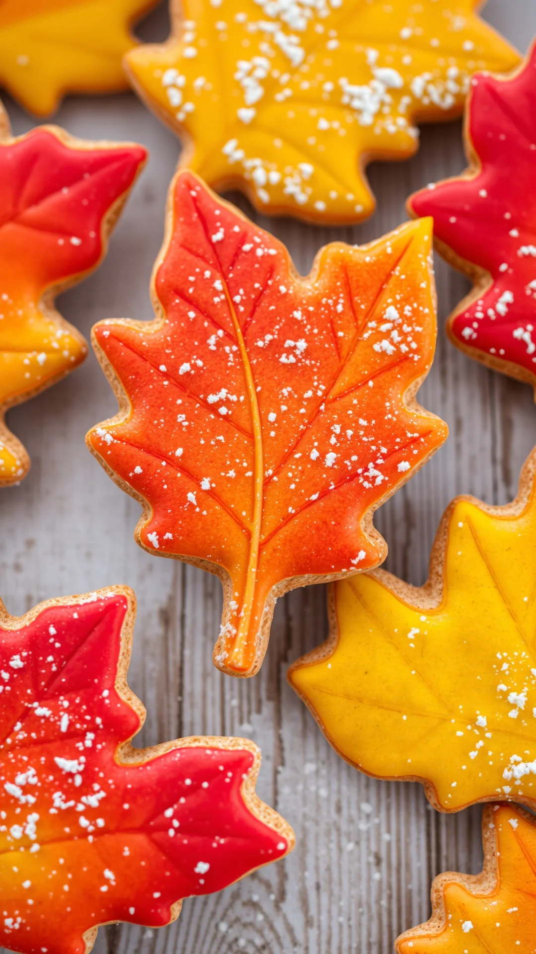 Close-up portrait of colorful autumn leaf-shaped cookies in red orange and yellow, powdered sugar dusting, rustic background,