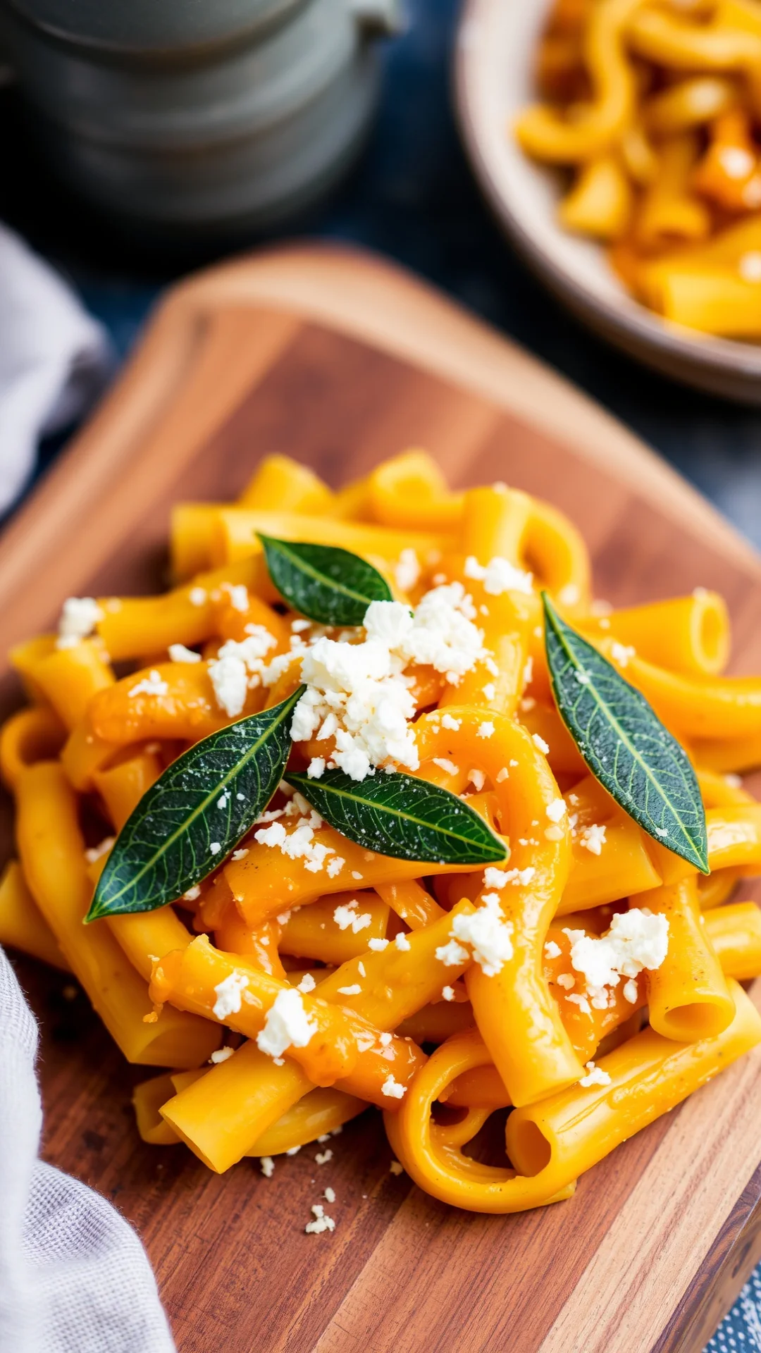 Close-up portrait of creamy butternut squash pasta rigatoni topped with crispy sage leaves and parmesan, orange sauce, rustic