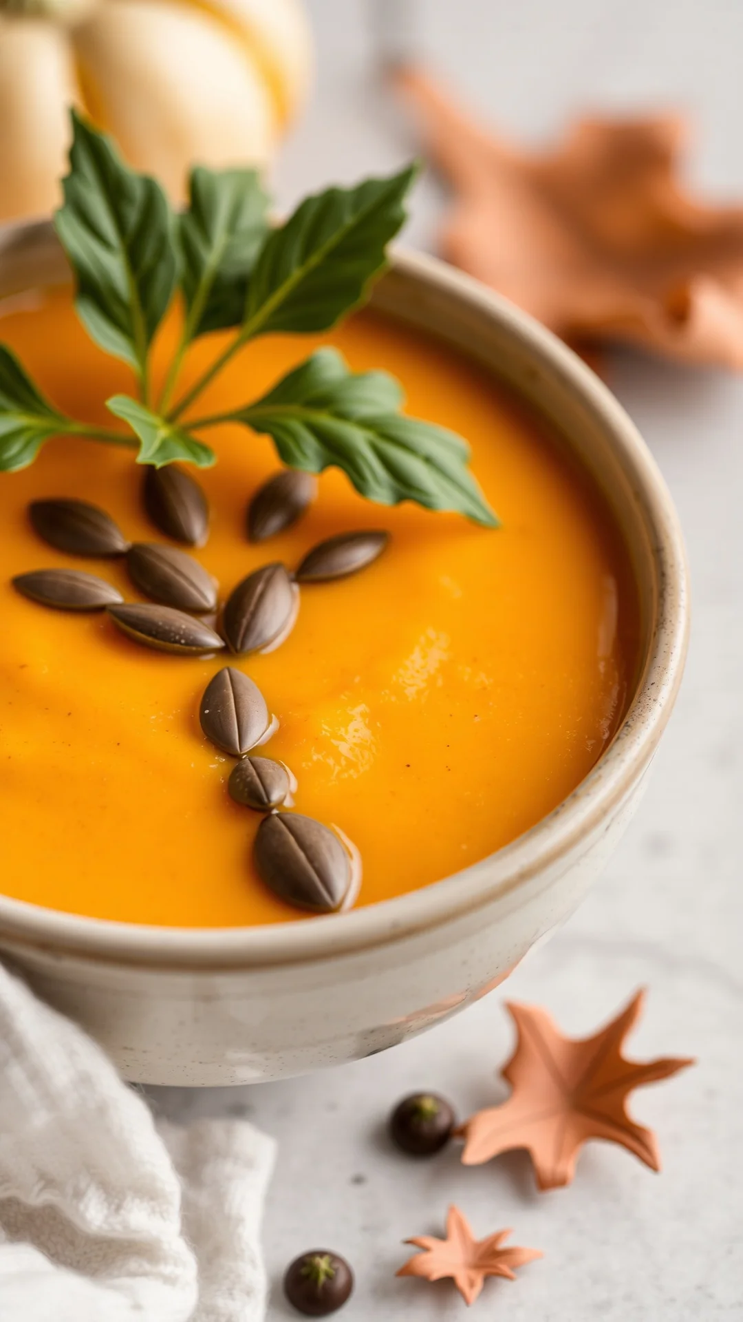 Close-up portrait of creamy butternut squash soup in a bowl with pumpkin seeds face decoration, warm autumn tones, 9:16 verti