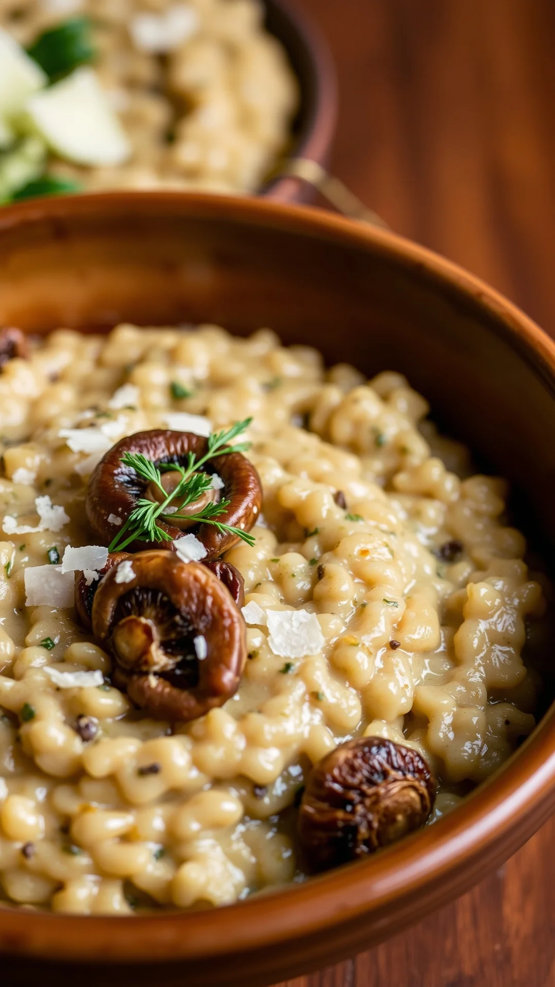 Close-up portrait of creamy porcini mushroom risotto in deep ceramic bowl, parmesan shavings, fresh herbs, warm earthy tones,