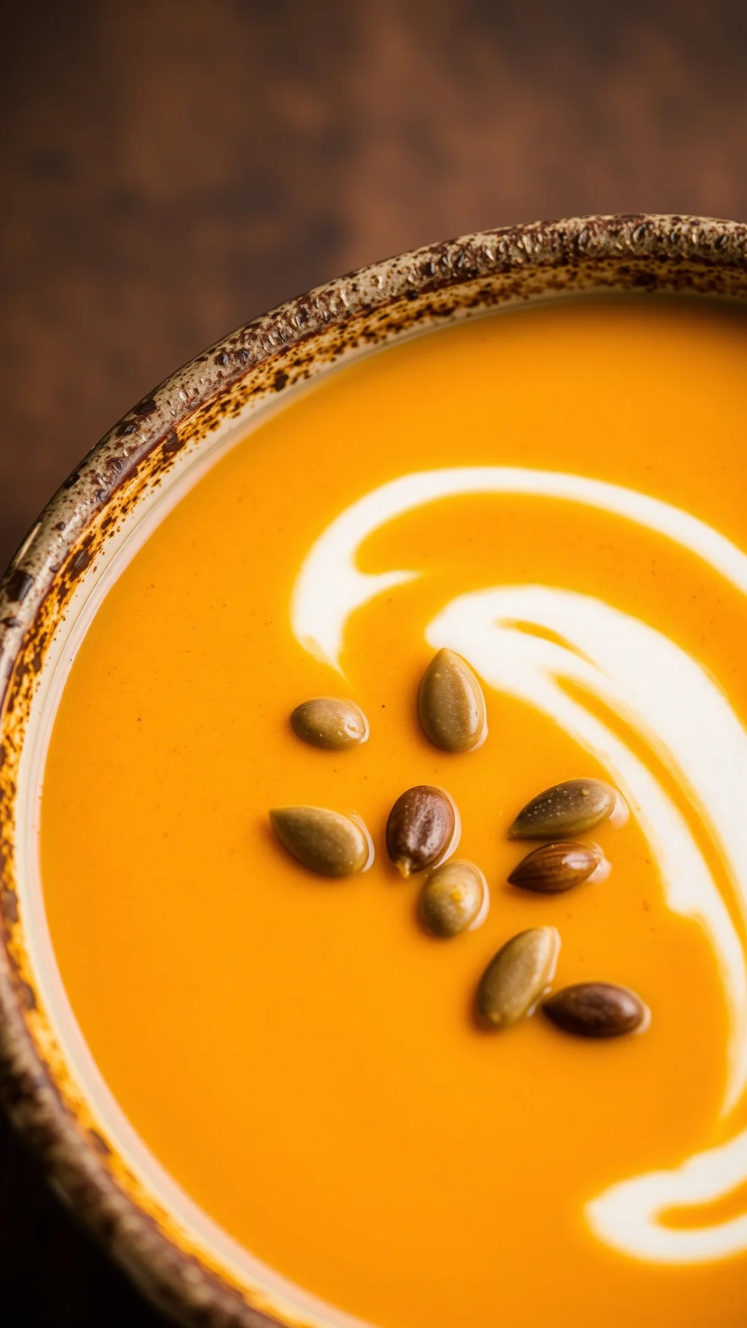 Close-up portrait of creamy potimarron ginger soup in a rustic ceramic bowl, garnished with cream swirl and pumpkin seeds, wa