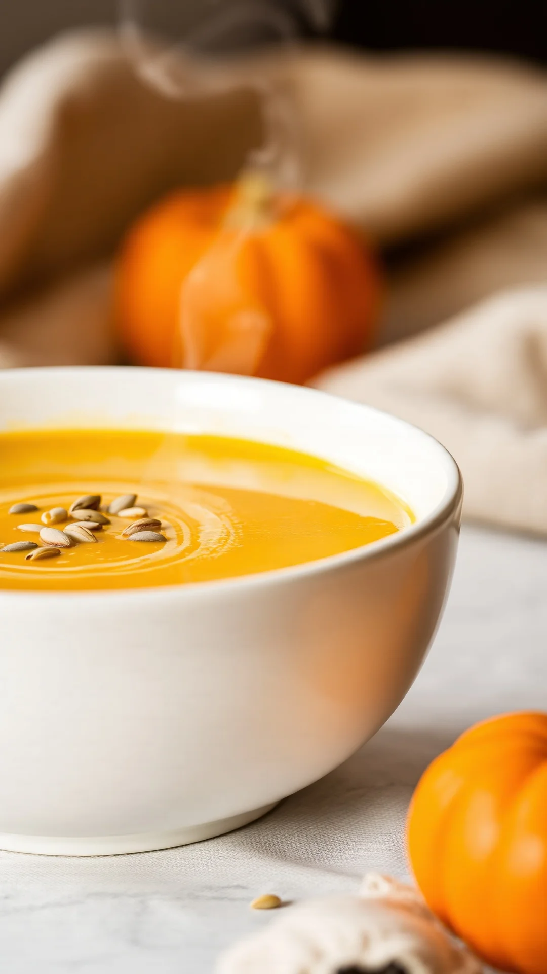 Close-up portrait of creamy pumpkin coconut ginger soup in elegant white bowl, golden color, seeds garnish, steam rising, war