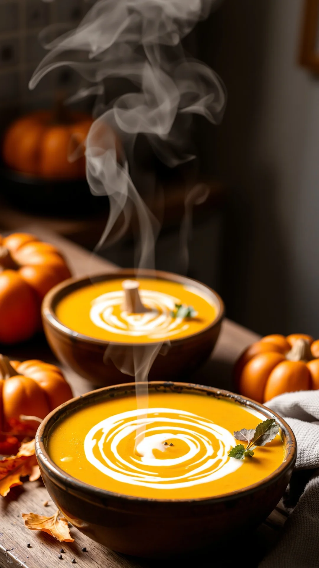 Close-up portrait of creamy pumpkin coconut milk veloute soup in rustic bowl, warm orange tones, autumn leaves, steam rising,
