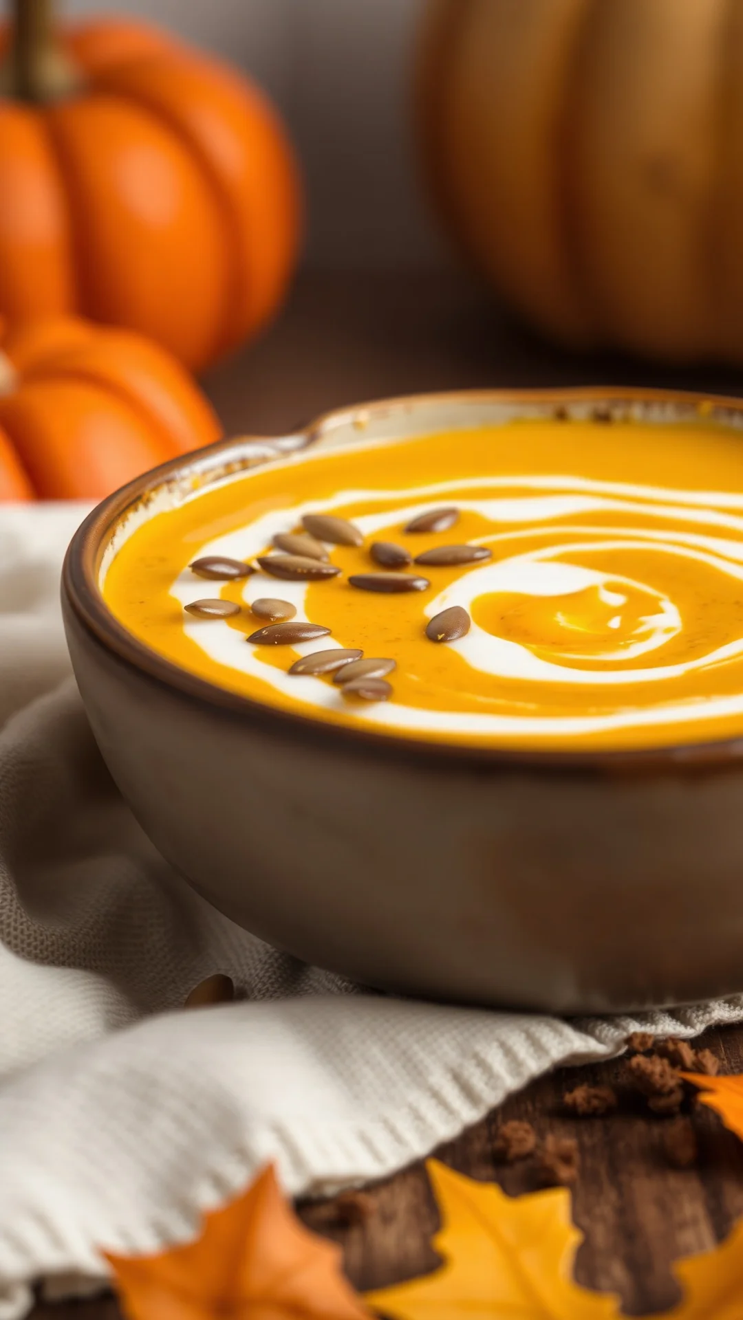 Close-up portrait of creamy pumpkin ginger soup in a rustic ceramic bowl, coconut milk swirl, toasted pumpkin seeds garnish,