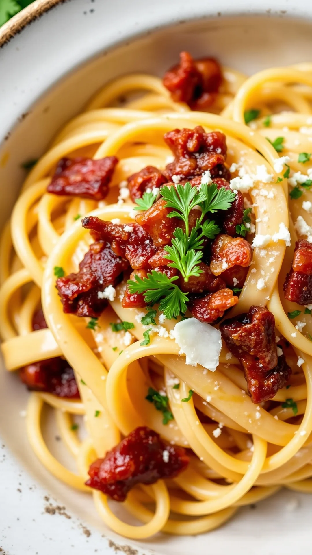 Close-up portrait of creamy tagliatelle pasta with chestnut cream sauce and smoky bacon lardons, topped with fresh parsley an