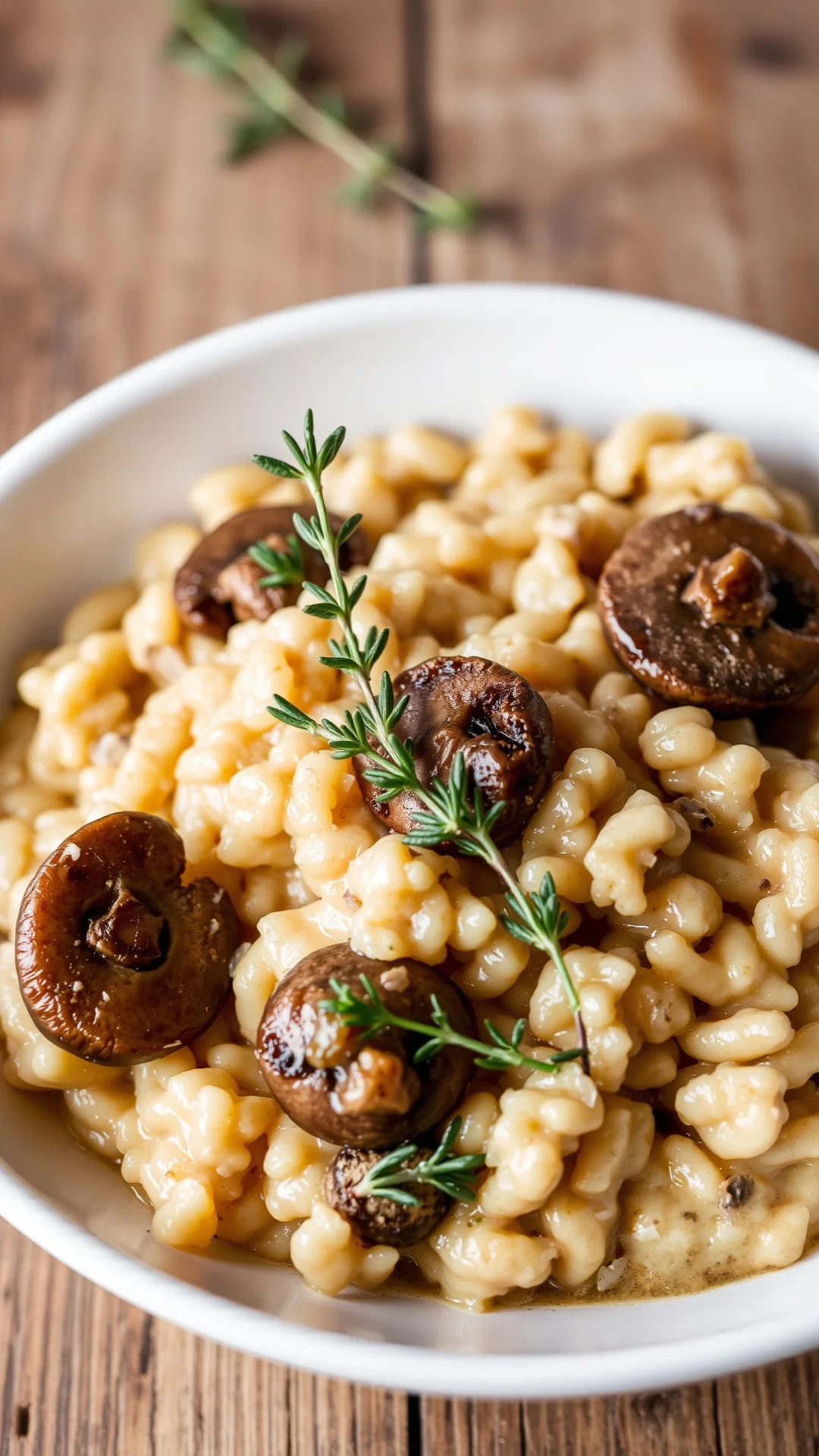 Close-up portrait of creamy wild mushroom risotto with fresh thyme sprigs in a white bowl, earthy tones, steam rising, rustic