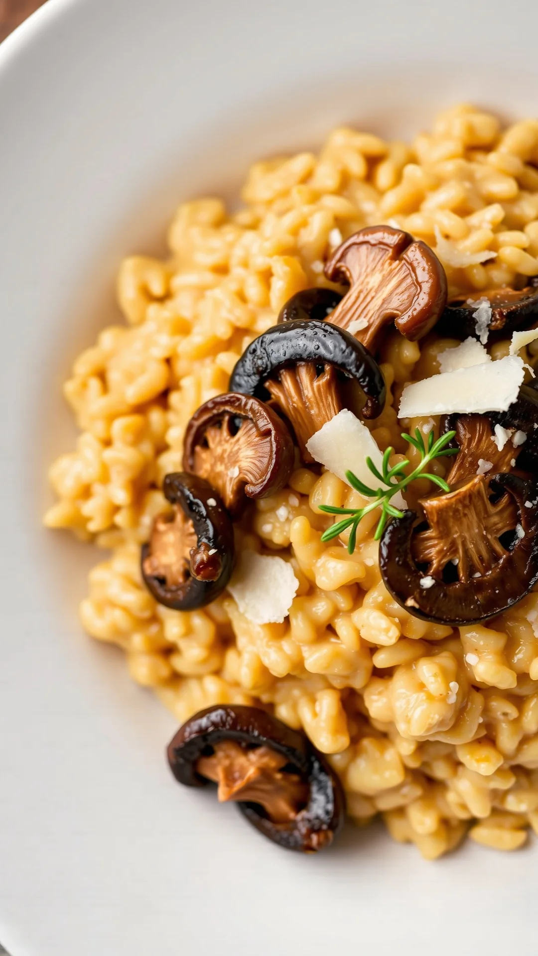 Close-up portrait of creamy wild mushroom risotto in a deep white plate, golden chanterelles and dark trumpets, parmesan shav