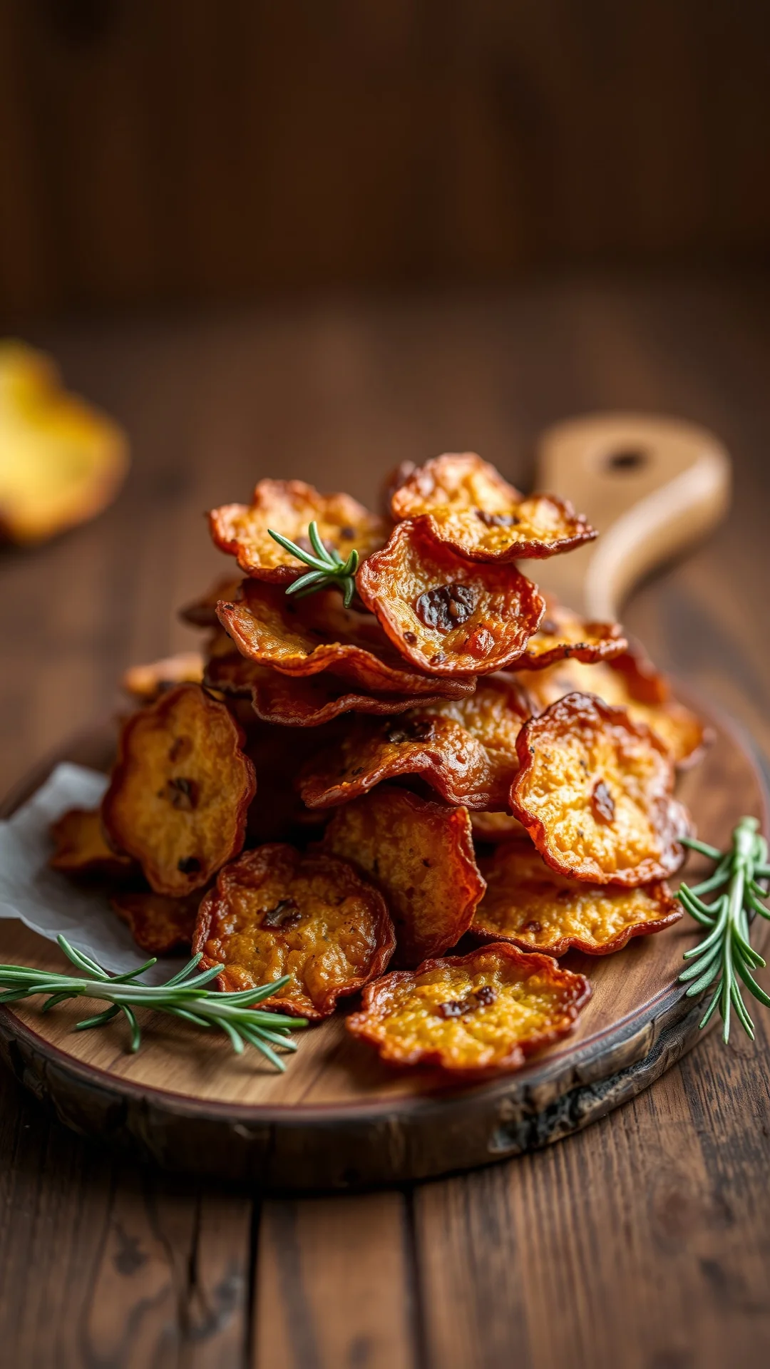 Close-up portrait of crispy roasted chestnut chips with rosemary on rustic wooden board, warm golden tones, autumnal mood, 9: