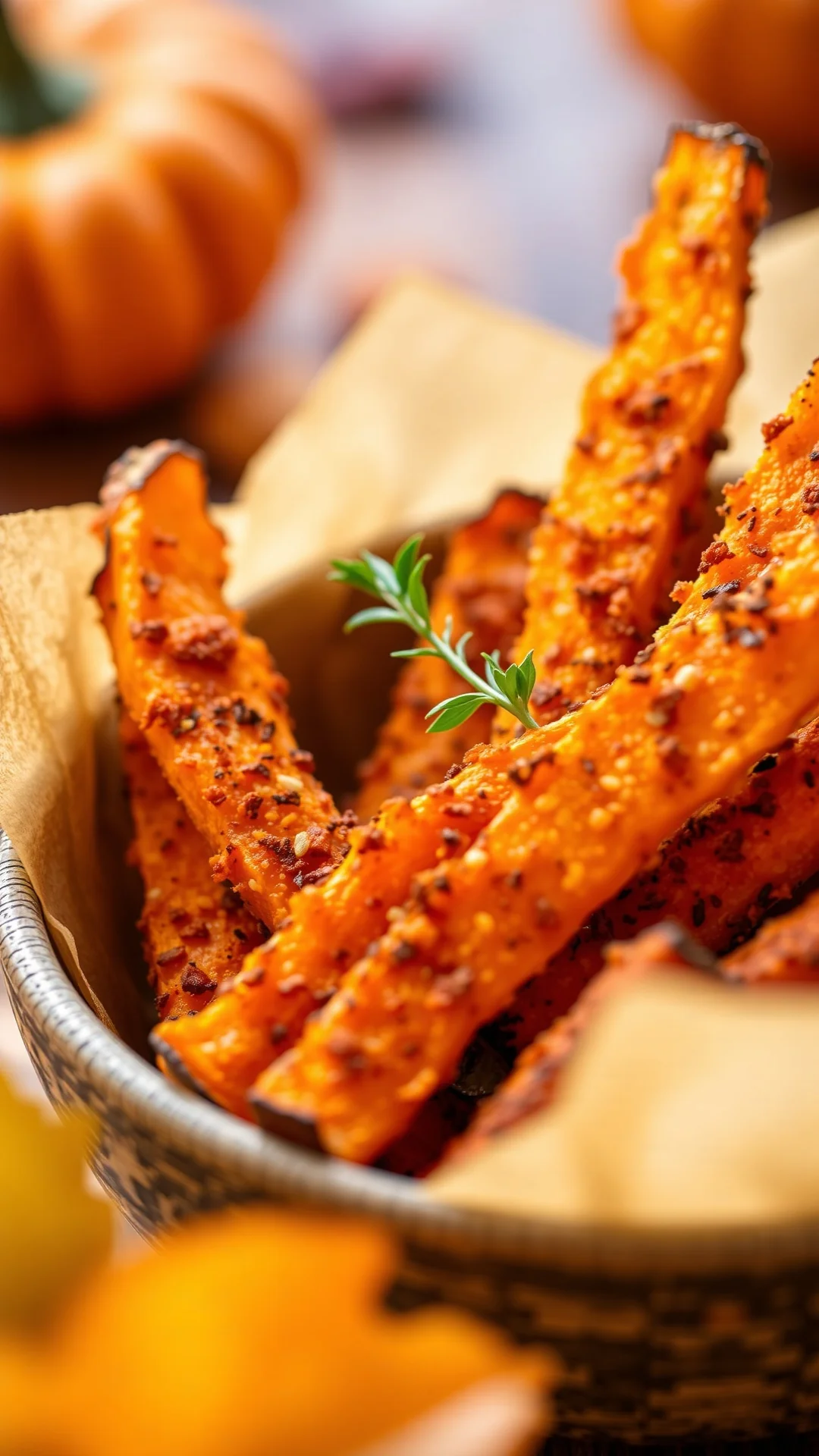 Close-up portrait of crispy spiced butternut squash fries in a rustic bowl, warm autumn light, vibrant orange color, herbs ga