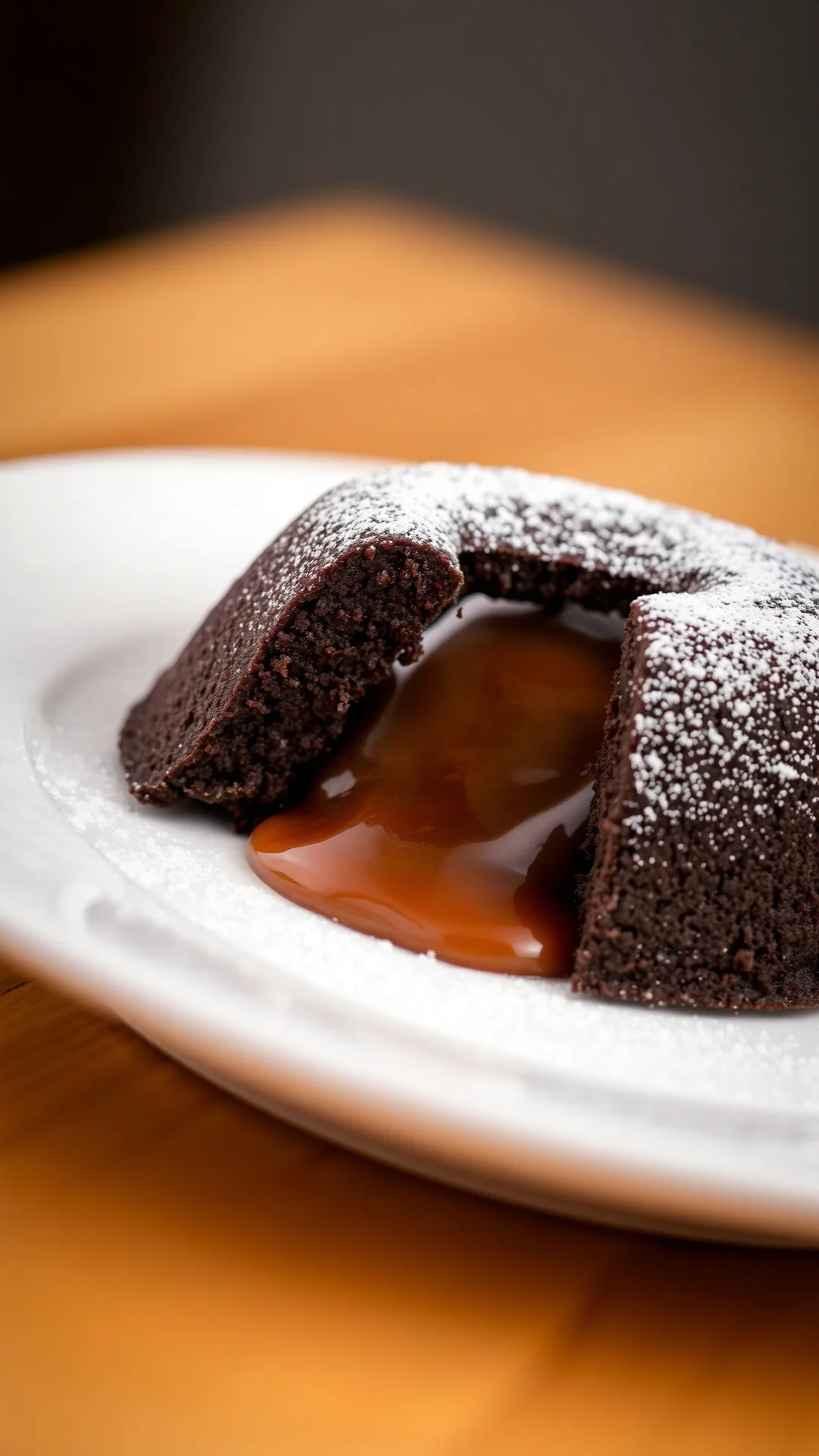 Close-up portrait of dark chocolate fondant with flowing salted caramel center on white plate, powdered sugar, elegant desser