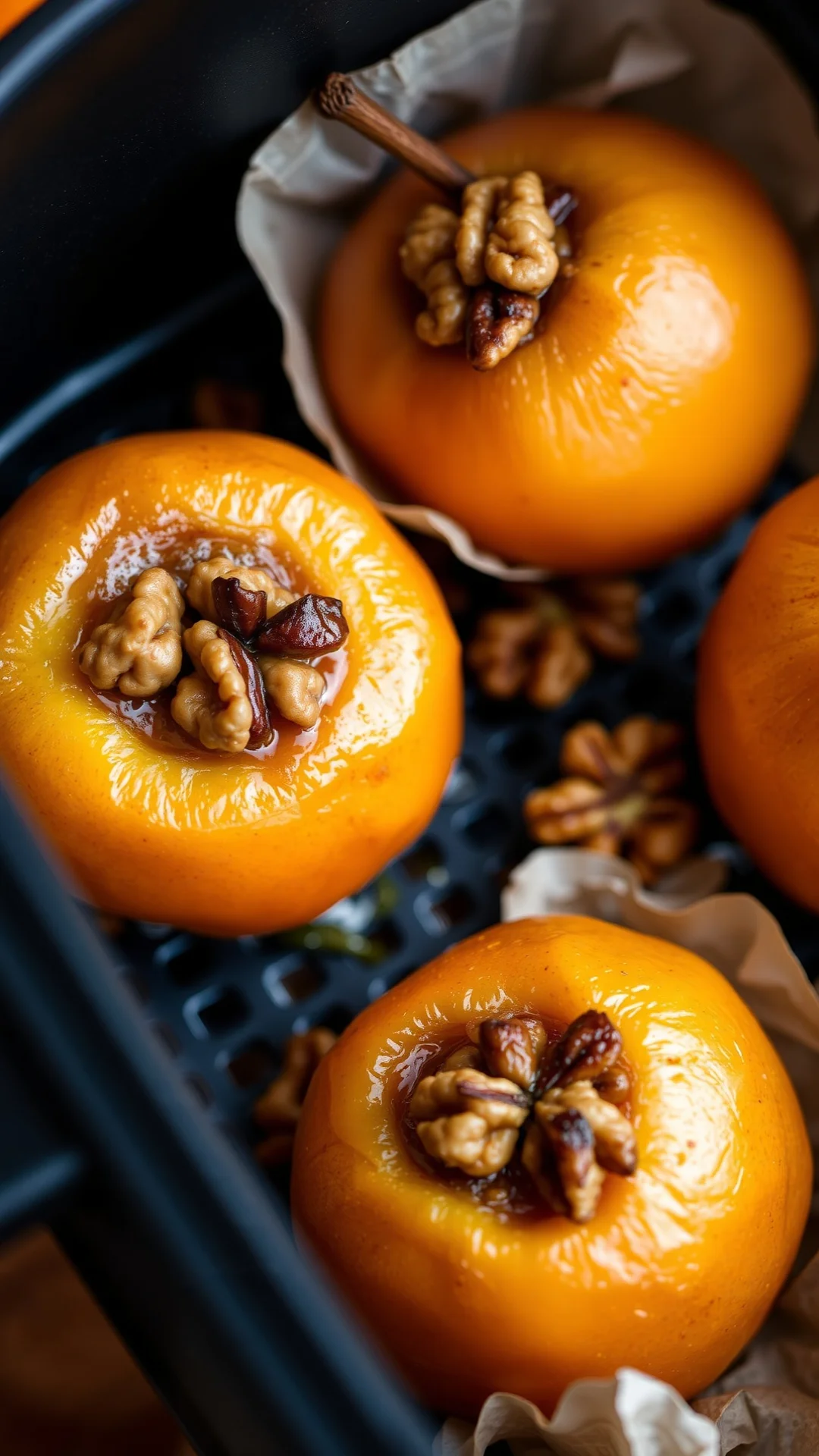 Close-up portrait of golden baked cinnamon honey apples in air fryer basket, melting filling with walnuts, cozy autumn atmosp