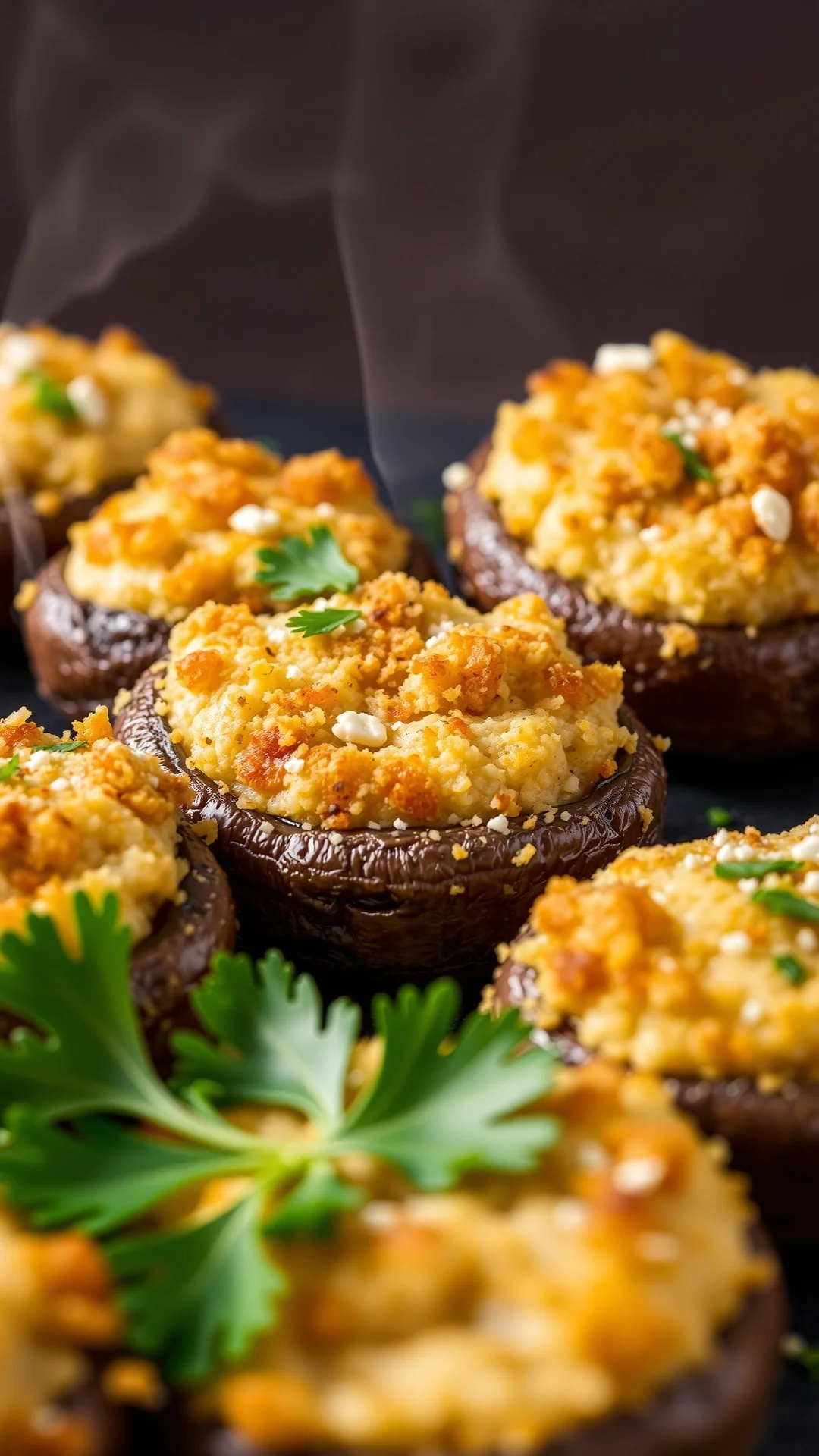 Close-up portrait of golden baked stuffed mushrooms filled with parmesan and breadcrumbs, fresh parsley garnish, rustic dark