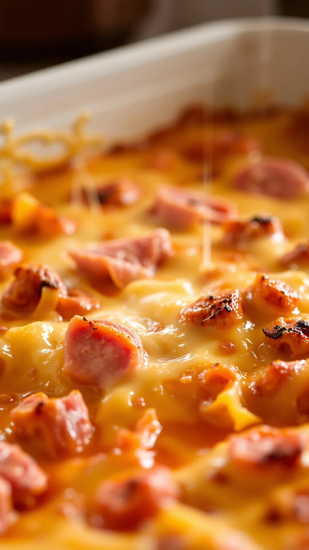 Close-up portrait of golden bubbling leek and ham gratin in baking dish, melted gruyere cheese, steam rising, warm kitchen li