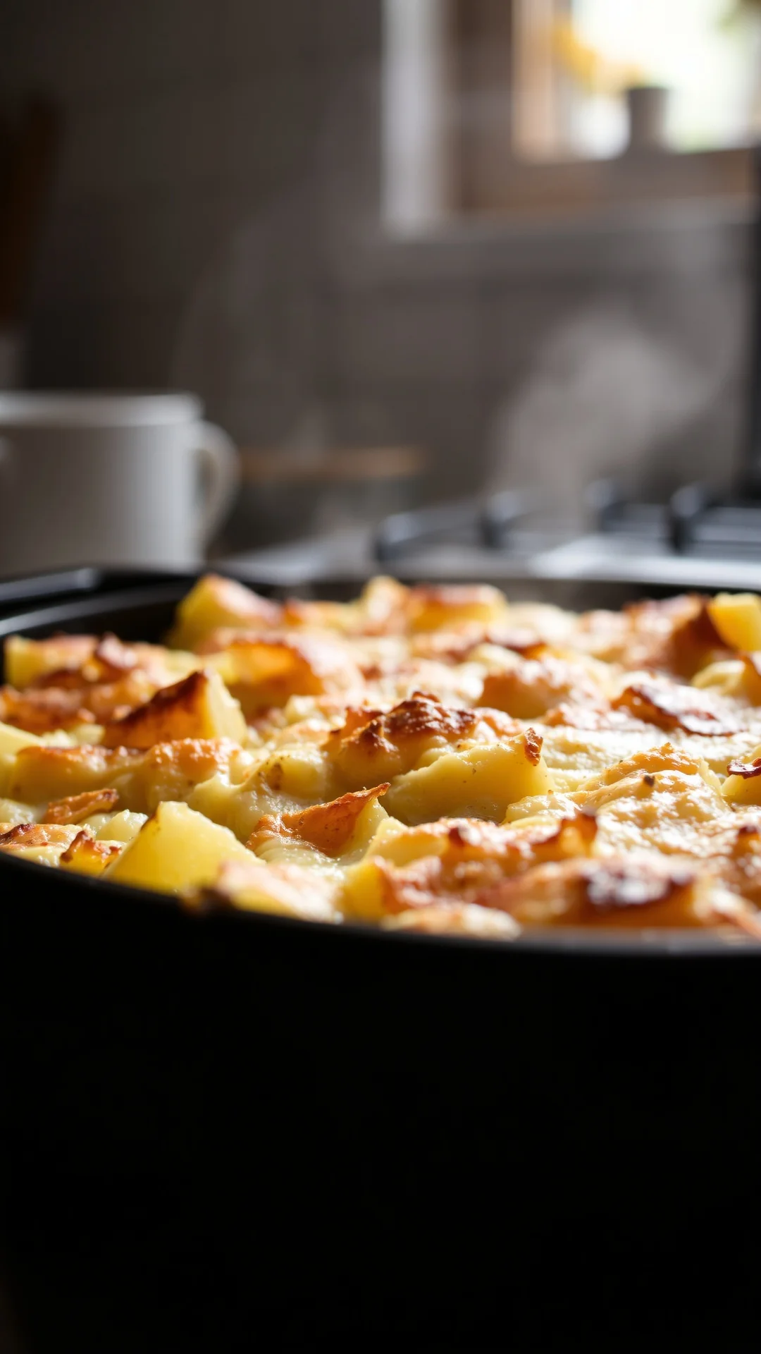 Close-up portrait of golden bubbling parsnip and potato gratin in a cast iron dish, crispy cheese crust, cozy autumn kitchen