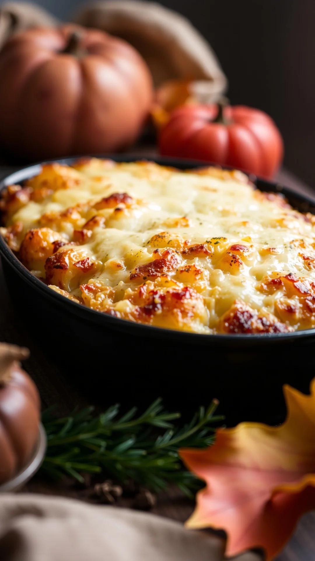 Close-up portrait of golden bubbling potato and reblochon cheese gratin in baking dish, melted cheese, crispy top, cozy autum
