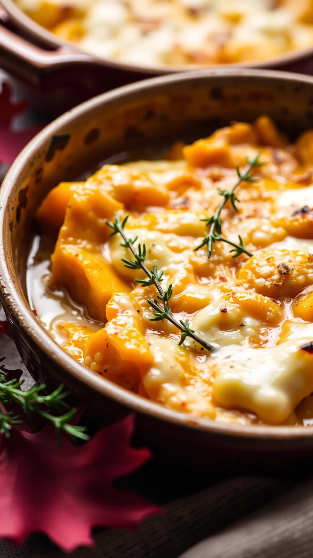 Close-up portrait of golden butternut squash gratin with melted goat cheese, fresh thyme sprigs, bubbling cream sauce, rustic