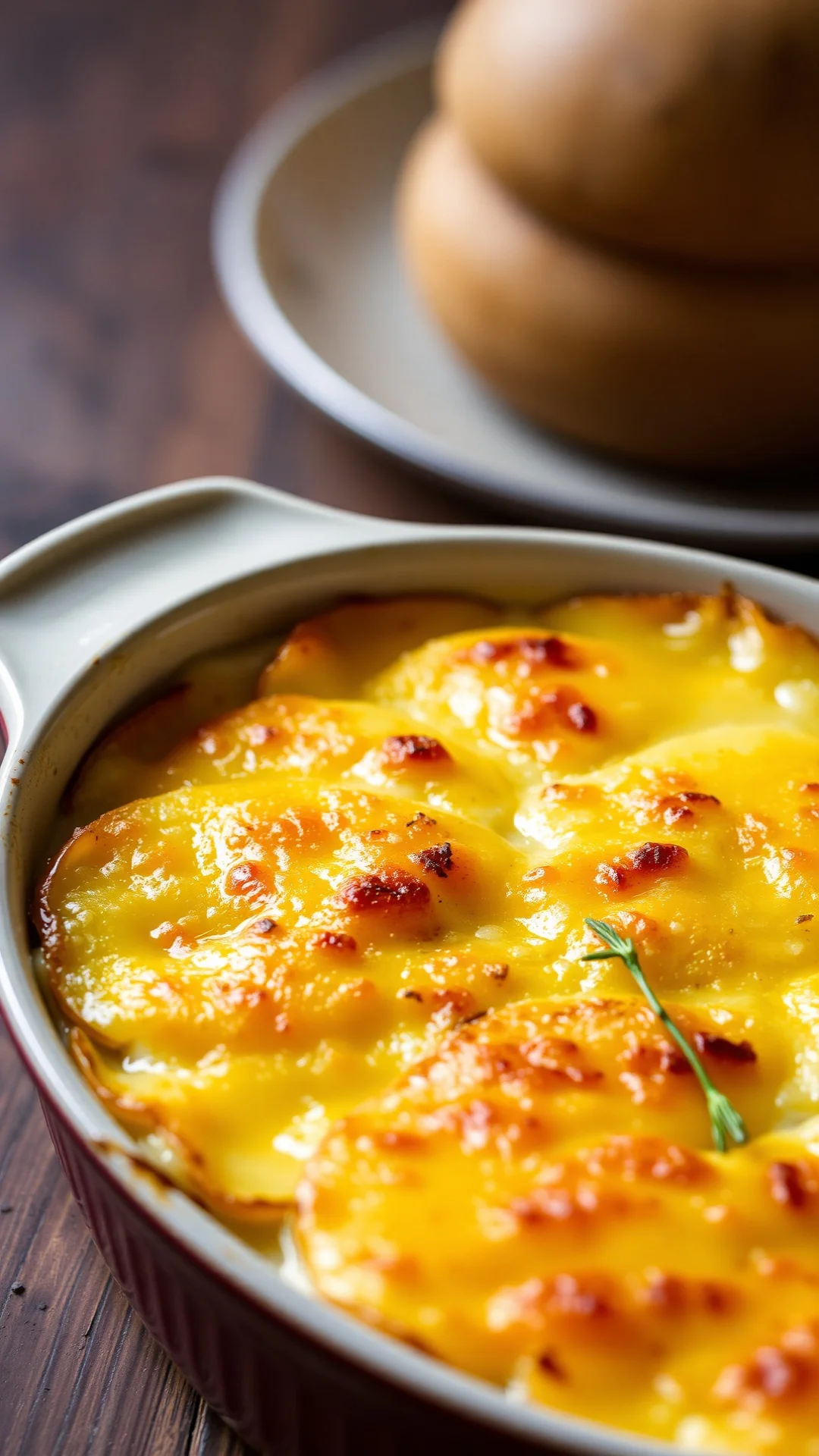 Close-up portrait of golden gratin dauphinois in a ceramic baking dish, bubbling cream, crispy gruyere cheese crust on top, p