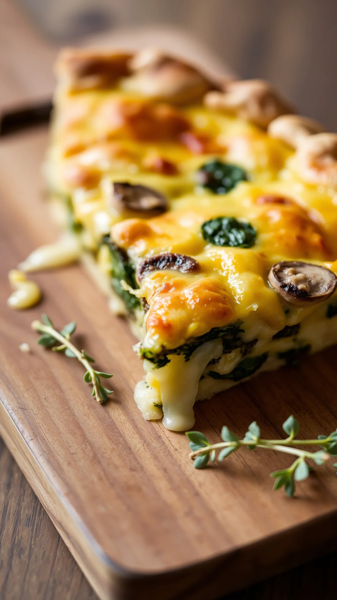 Close-up portrait of golden mushroom spinach and comté quiche slice on a wooden board, flaky crust, melted cheese pull, autu