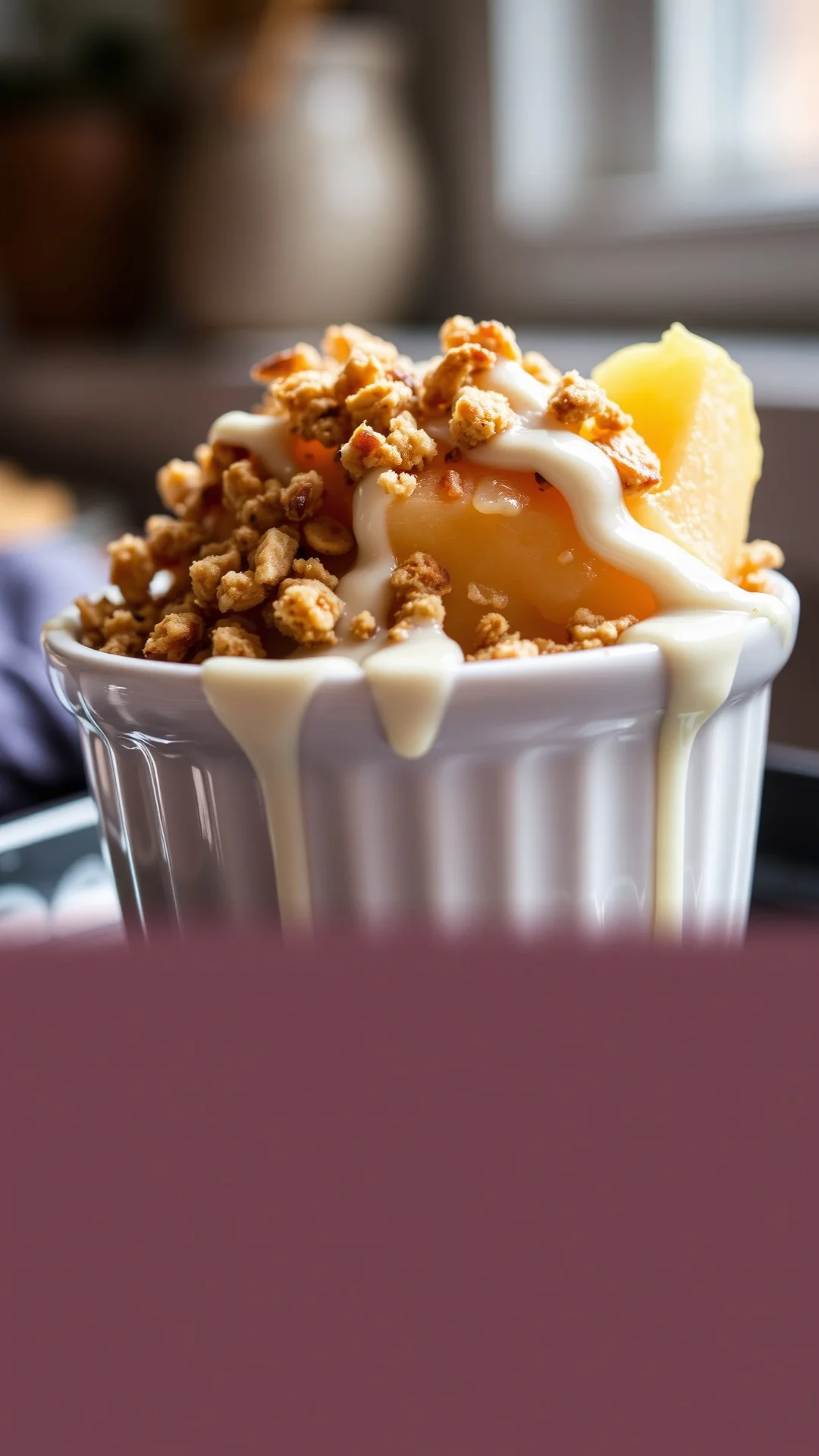 Close-up portrait of golden pear and ginger crumble in small ramekin, crumbly oat topping, autumn light, cream drizzle, cozy
