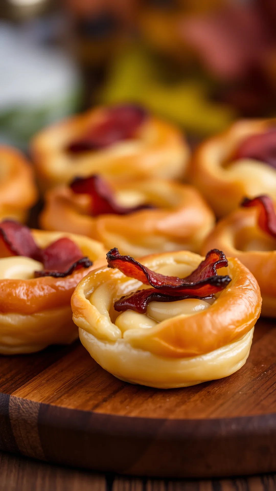 Close-up portrait of golden puffed pastry bites filled with melted reblochon cheese and smoked bacon, flaky layers visible, w
