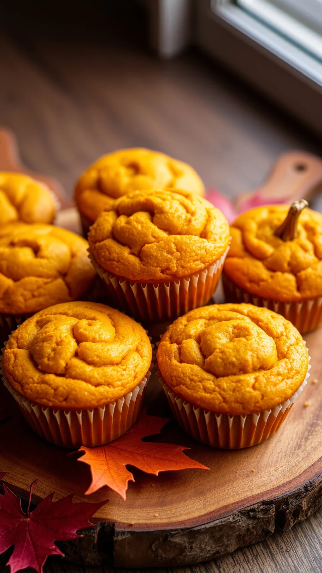 Close-up portrait of golden pumpkin muffins on a rustic wooden board, autumn leaves decoration, warm cozy lighting, 9:16 vert