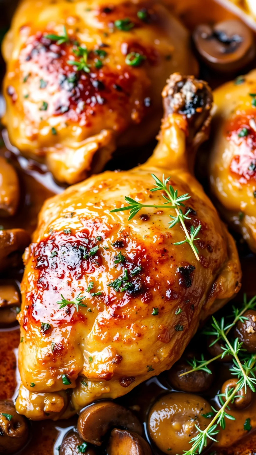 Close-up portrait of golden roasted chicken thighs with mushrooms and fresh herbs in a rustic baking dish, rich brown caramel