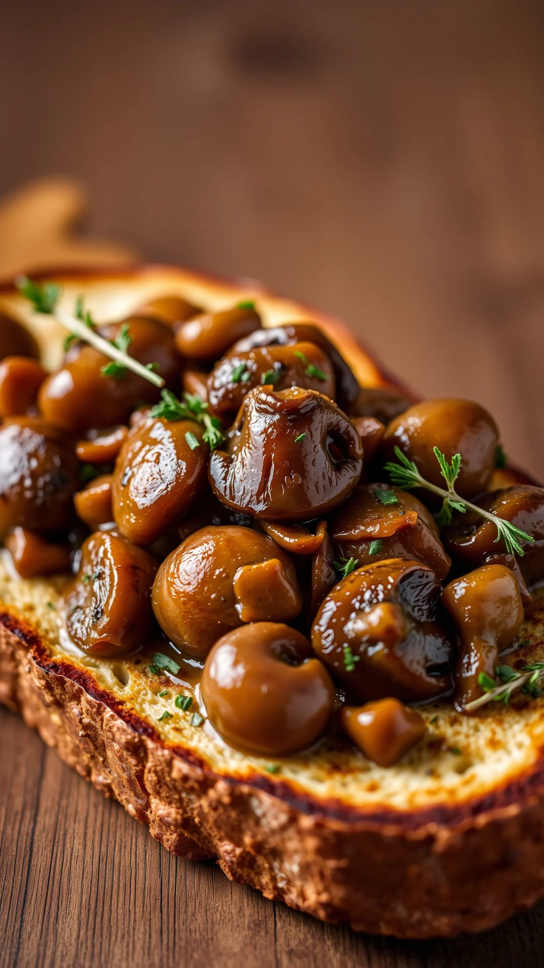 Close-up portrait of golden sautéed mushrooms and chestnuts on toasted rustic bread, herbs, warm autumn colors, dramatic lig