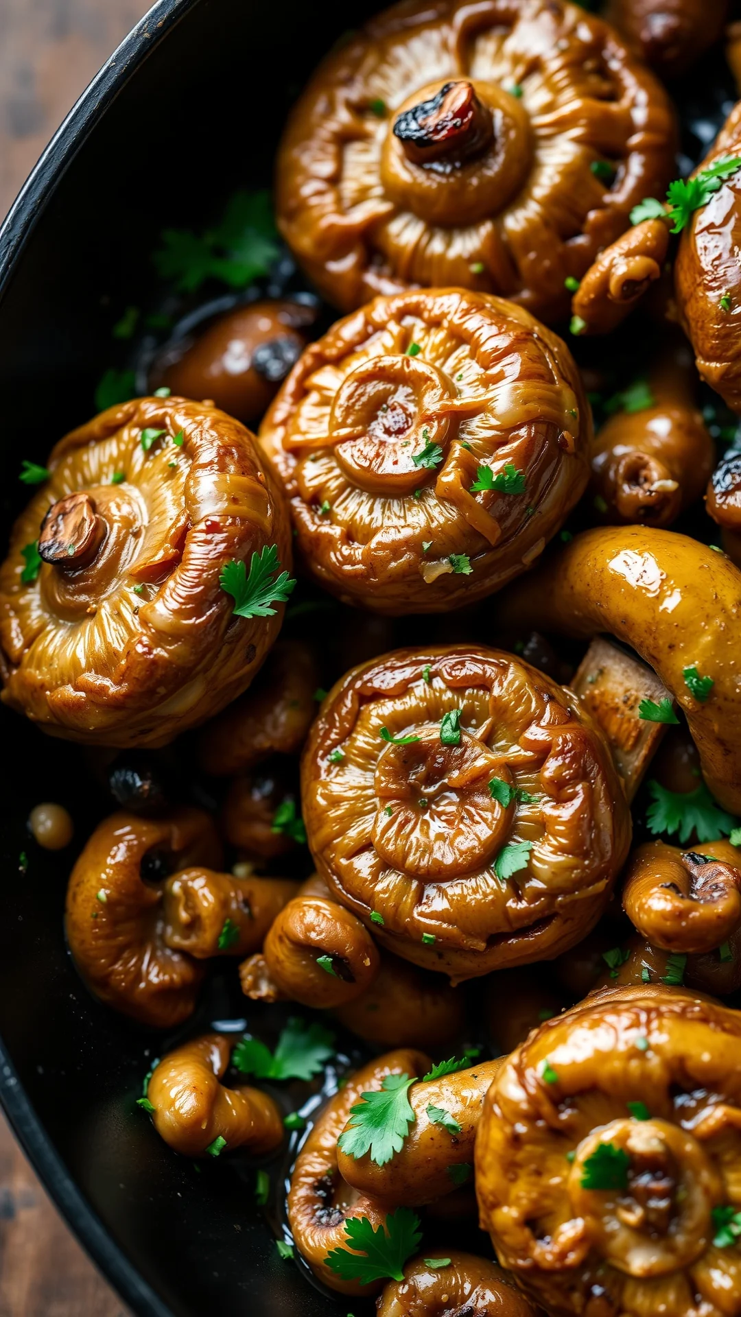 Close-up portrait of golden sauteed wild mushrooms with garlic and parsley in cast iron pan, earthy tones, rustic wooden tabl