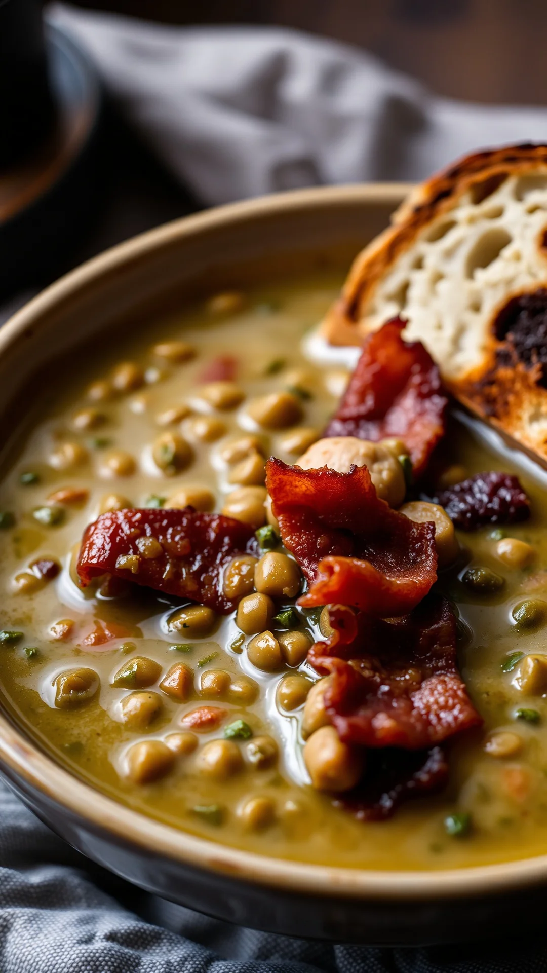 Close-up portrait of hearty green lentil soup with smoked sausage and bacon in a deep bowl, rustic bread slice on side, cozy