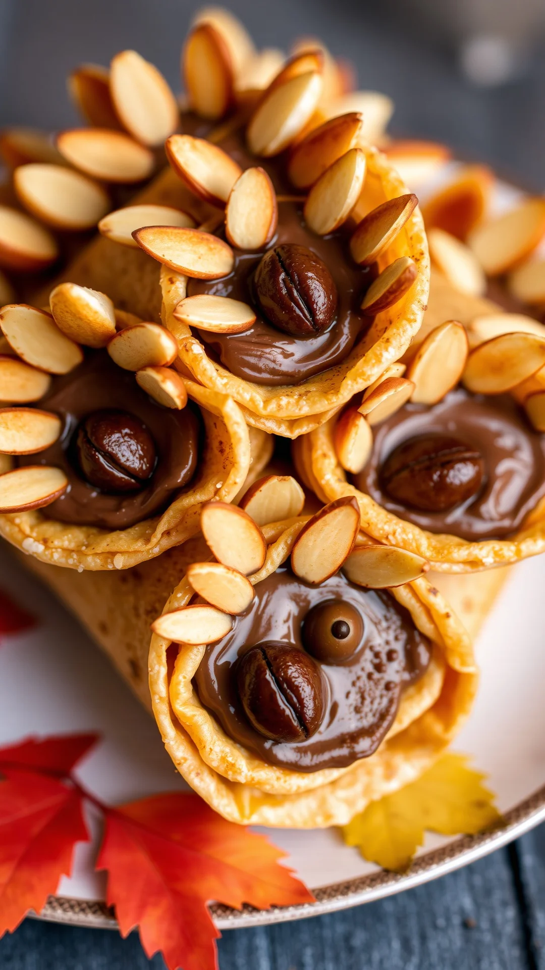 Close-up portrait of hedgehog-shaped crepes with sliced almonds quills and raisin eyes, chocolate spread filling, autumn plat