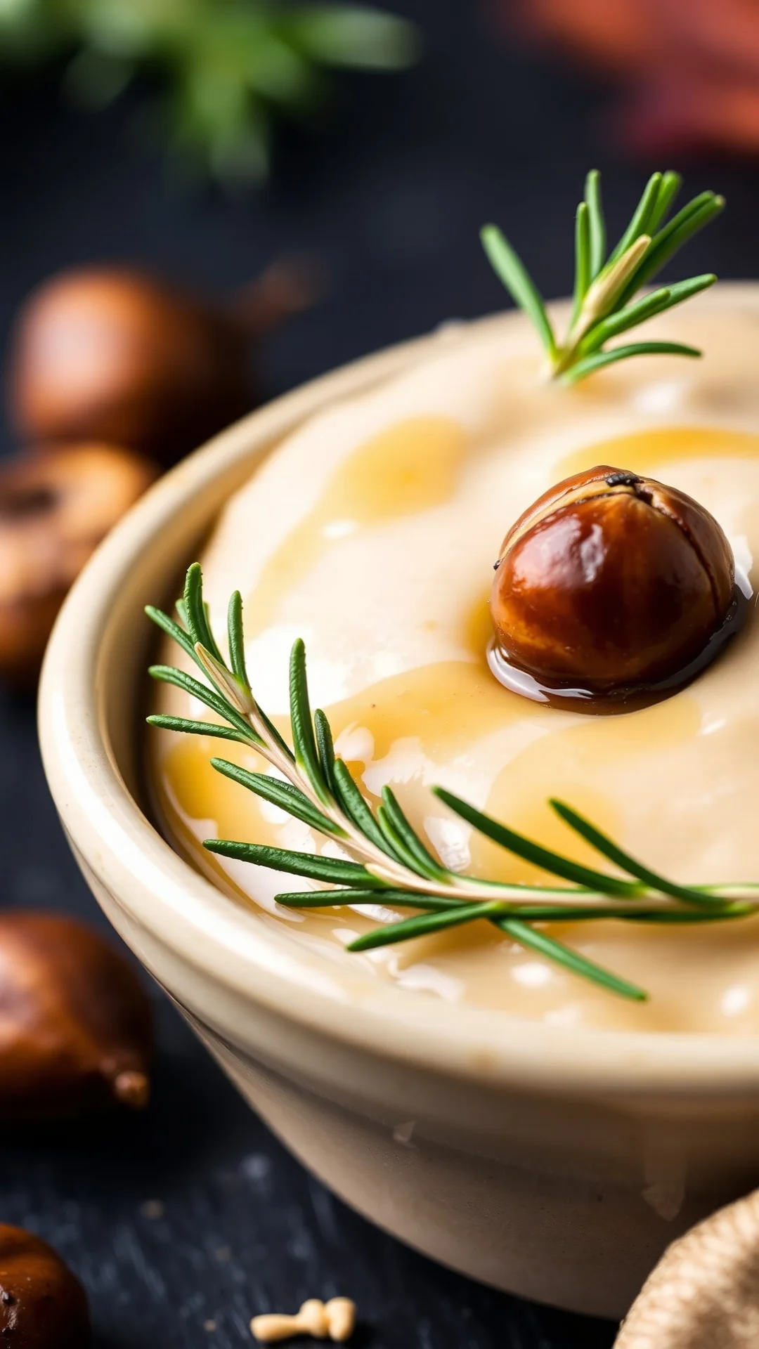 Close-up portrait of roasted chestnut cream in a small ceramic bowl, honey drizzle, roasted whole chestnuts on top, fresh ros