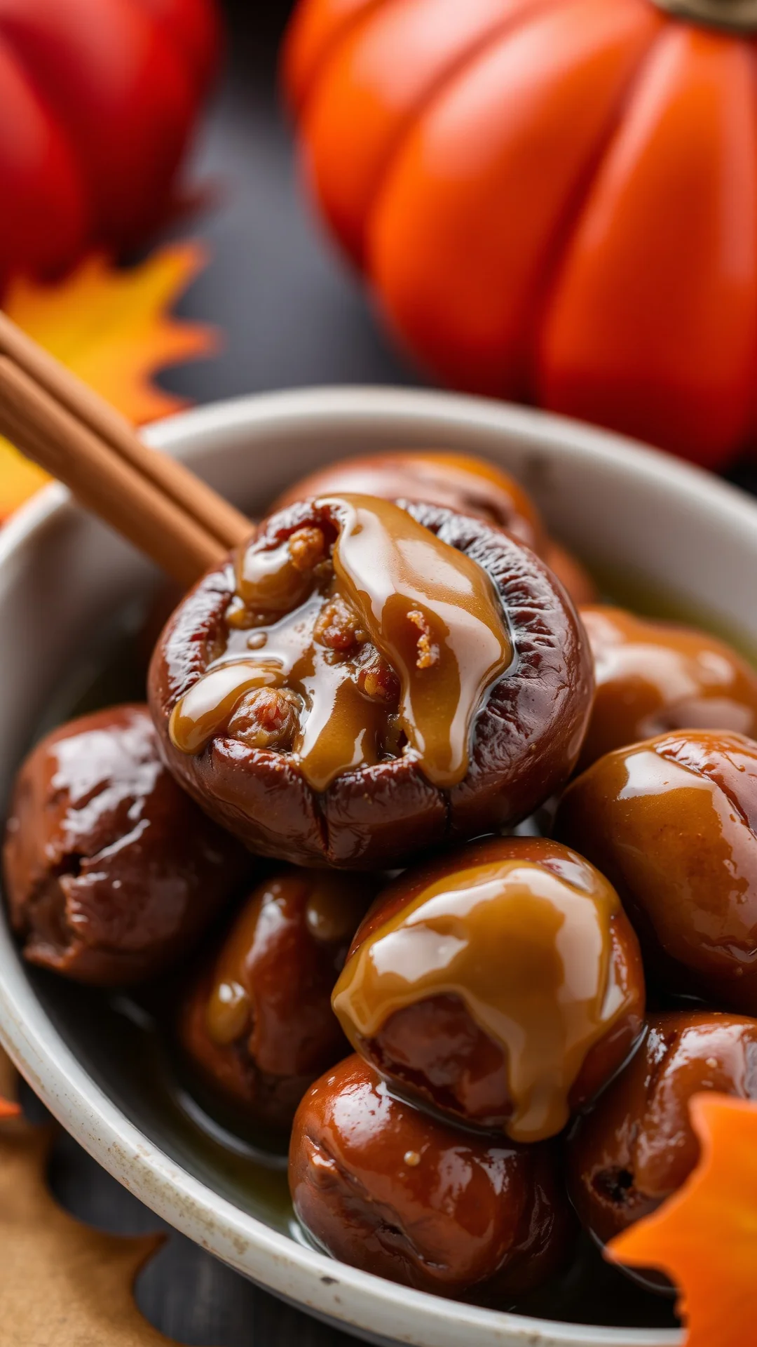 Close-up portrait of roasted chestnuts in a bowl with honey butter glaze, cinnamon stick, cozy autumn atmosphere, 9:16 vertic