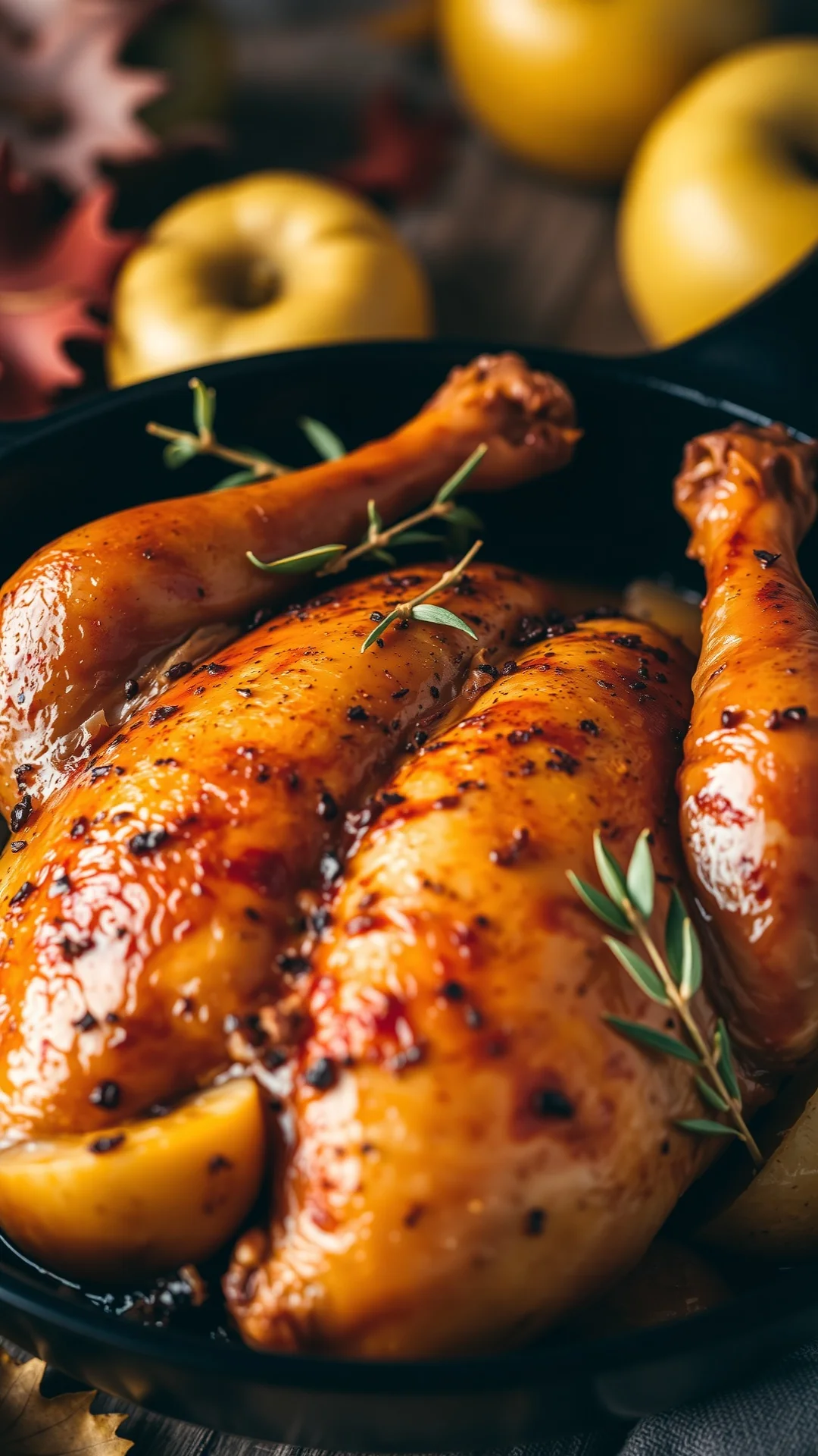 Close-up portrait of roasted chicken with apples and cider in a cast iron pan, golden skin, herbs, rustic autumn setting, 9:1