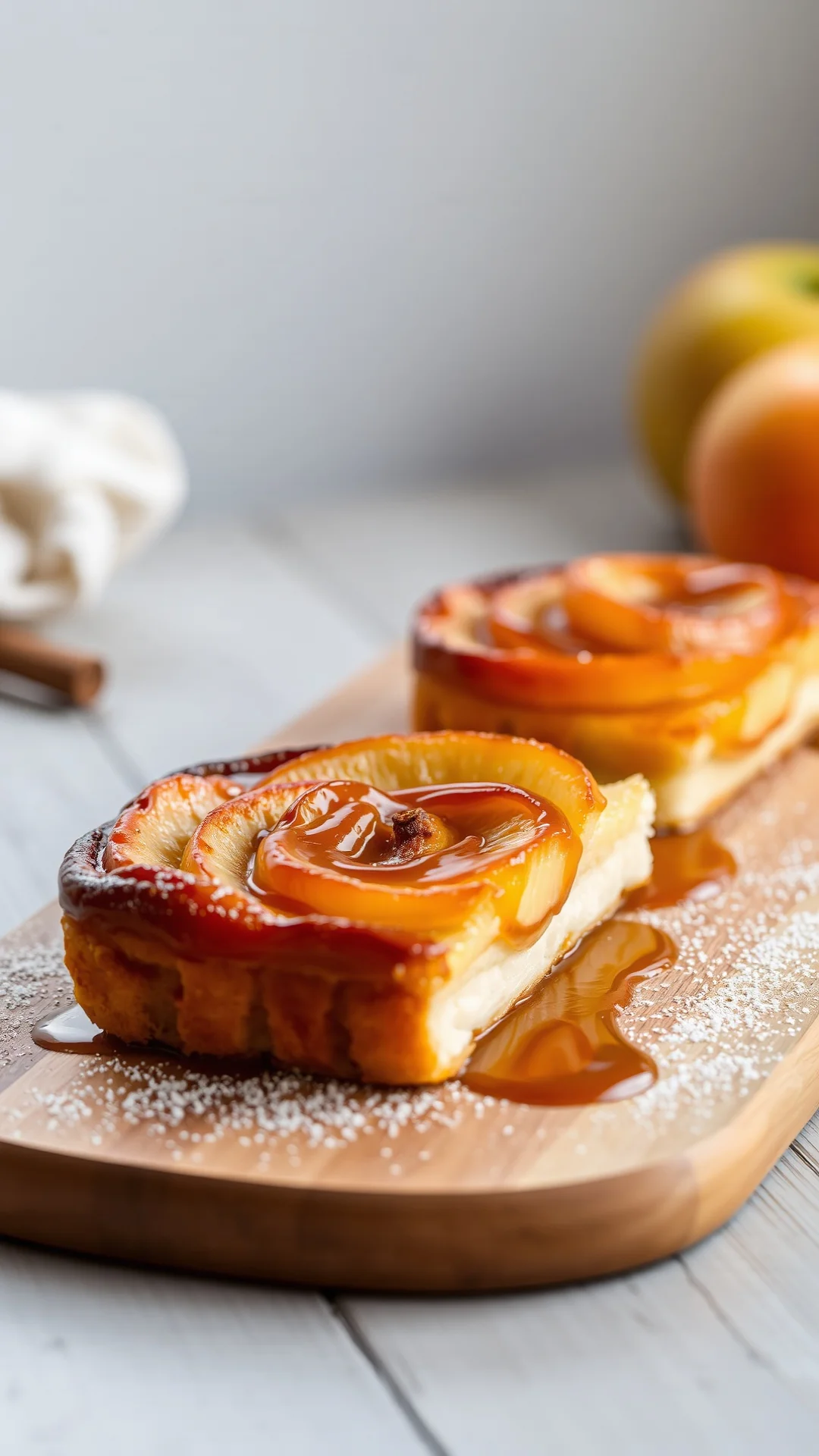 Close-up portrait of rustic apple tarte tatin with caramel and cinnamon on wooden board, golden caramelized apples, warm autu