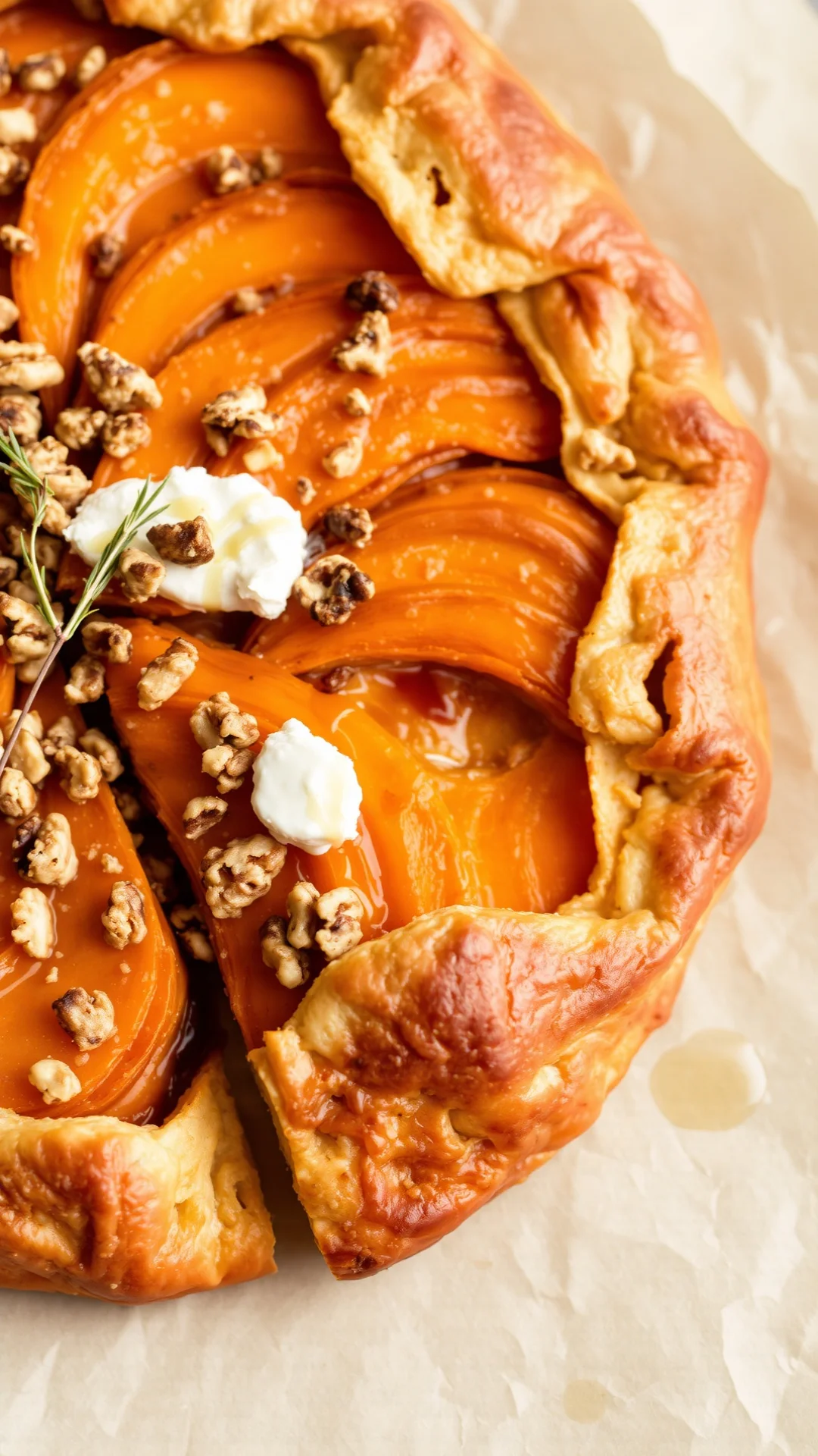 Close-up portrait of rustic butternut squash galette tart with goat cheese, walnuts and honey drizzle on parchment paper, aut