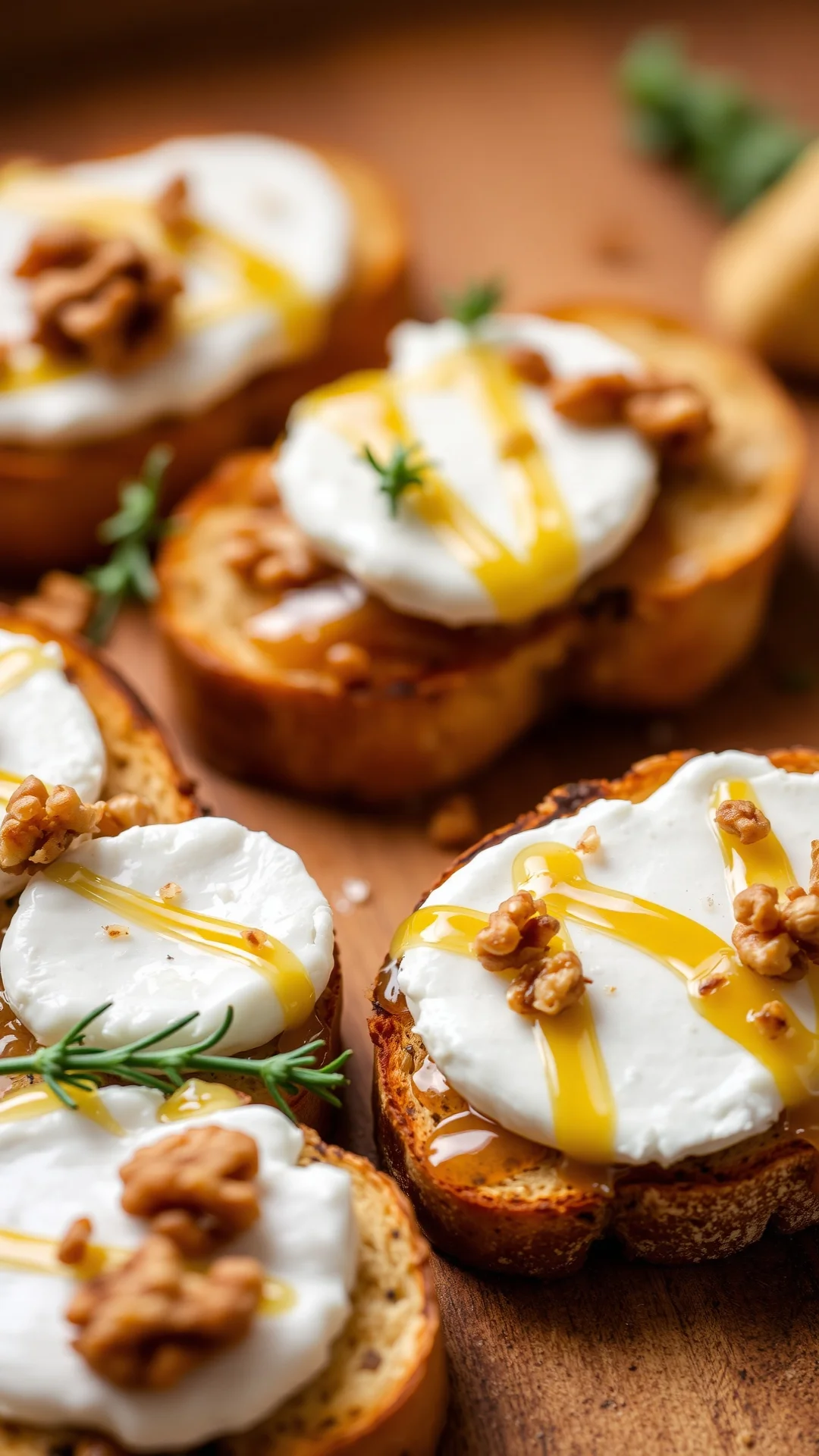 Close-up portrait of rustic toasted bread tartines topped with white goat cheese, walnuts and golden honey drizzle, fresh thy