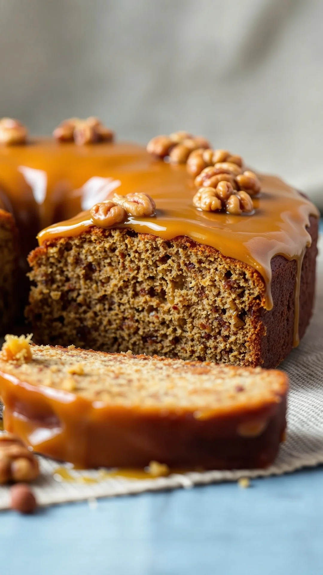 Close-up portrait of sliced autumn spice cake with maple syrup glaze, caramelized walnuts on top, golden brown crust, linen c