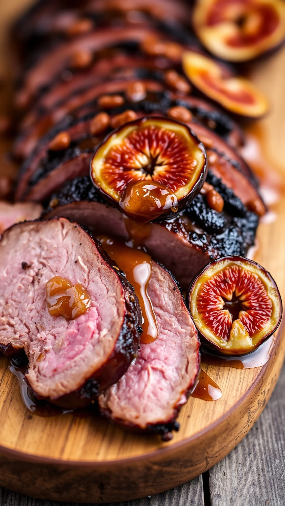 Close-up portrait of sliced duck breast with caramelized figs and honey glaze on rustic wooden board, rich autumn colors, fin