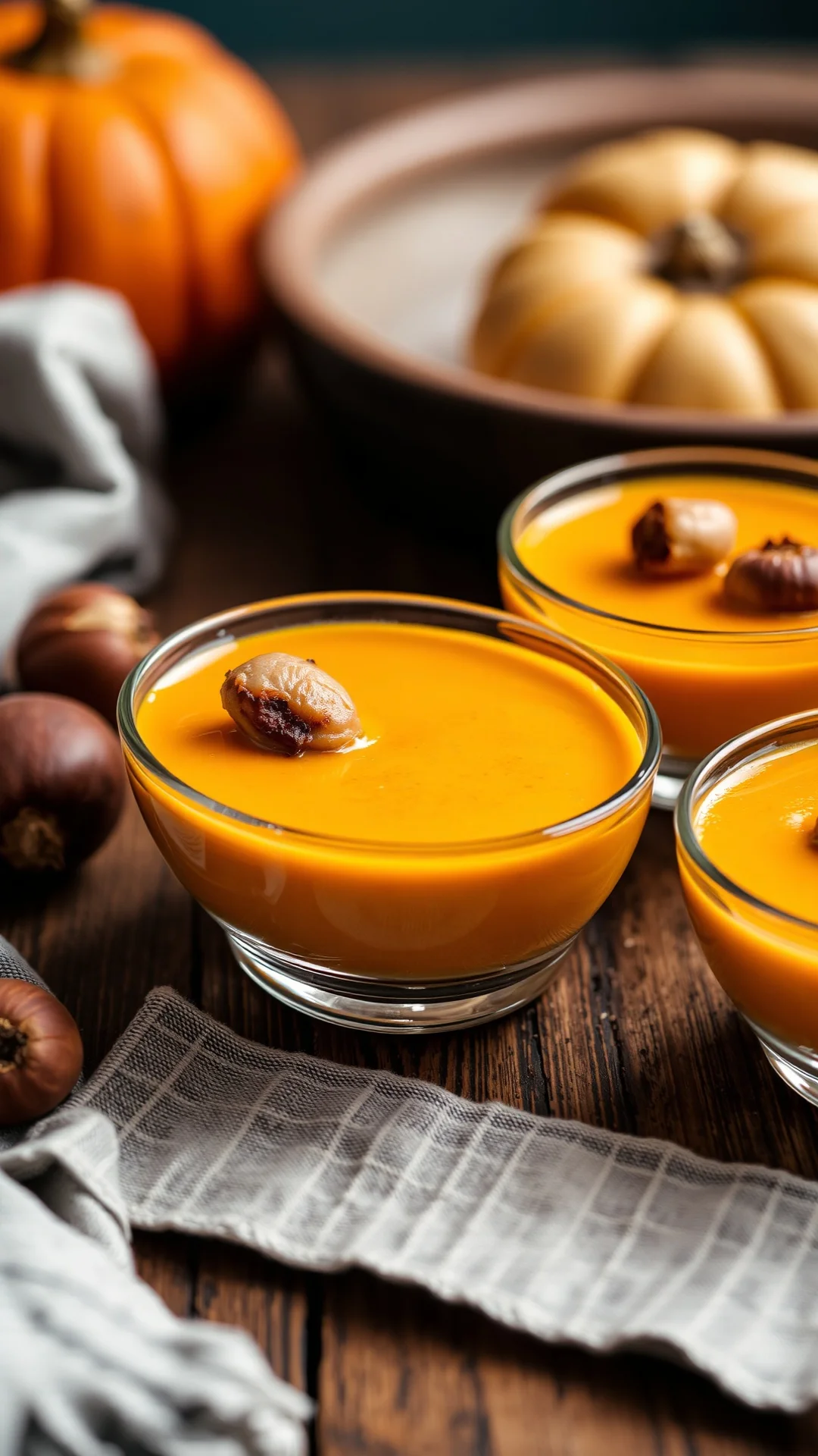 Close-up portrait of small glass verrines filled with creamy orange pumpkin soup topped with roasted chestnuts, autumn rustic